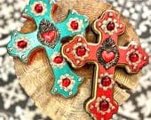 Large Sacred Heart Cross con Gemas 8"x 10"