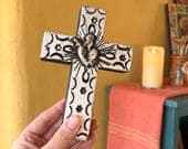 Small Wood Sacred Heart Cross Aluminio 4"(tall)