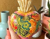 Boho Mexican Sacred Heart, Wood Milagro Folk Art