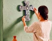 XL Wood Sacred Heart Cross Aluminium 12"(tall)