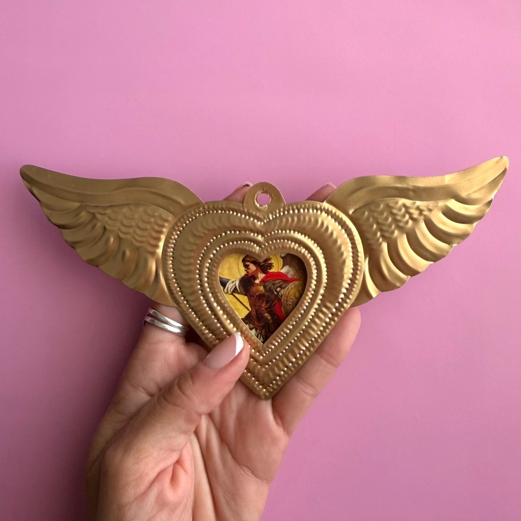 Tin Ex-Voto Charm, Statement Wall Art, Nicho San Miguel Arcangel 8"(long)