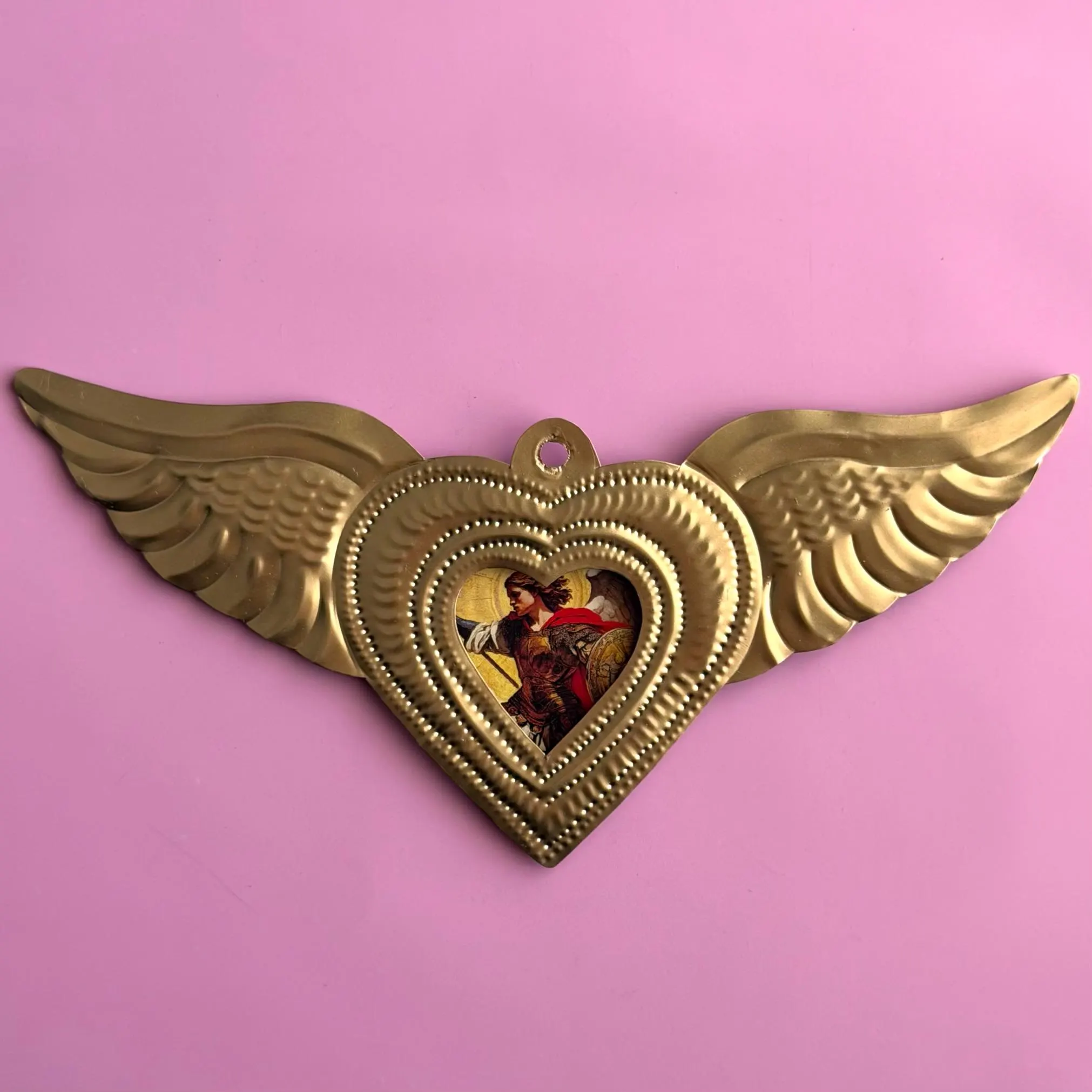 Tin Ex-Voto Charm, Statement Wall Art, Nicho San Miguel Arcangel 8"(long)