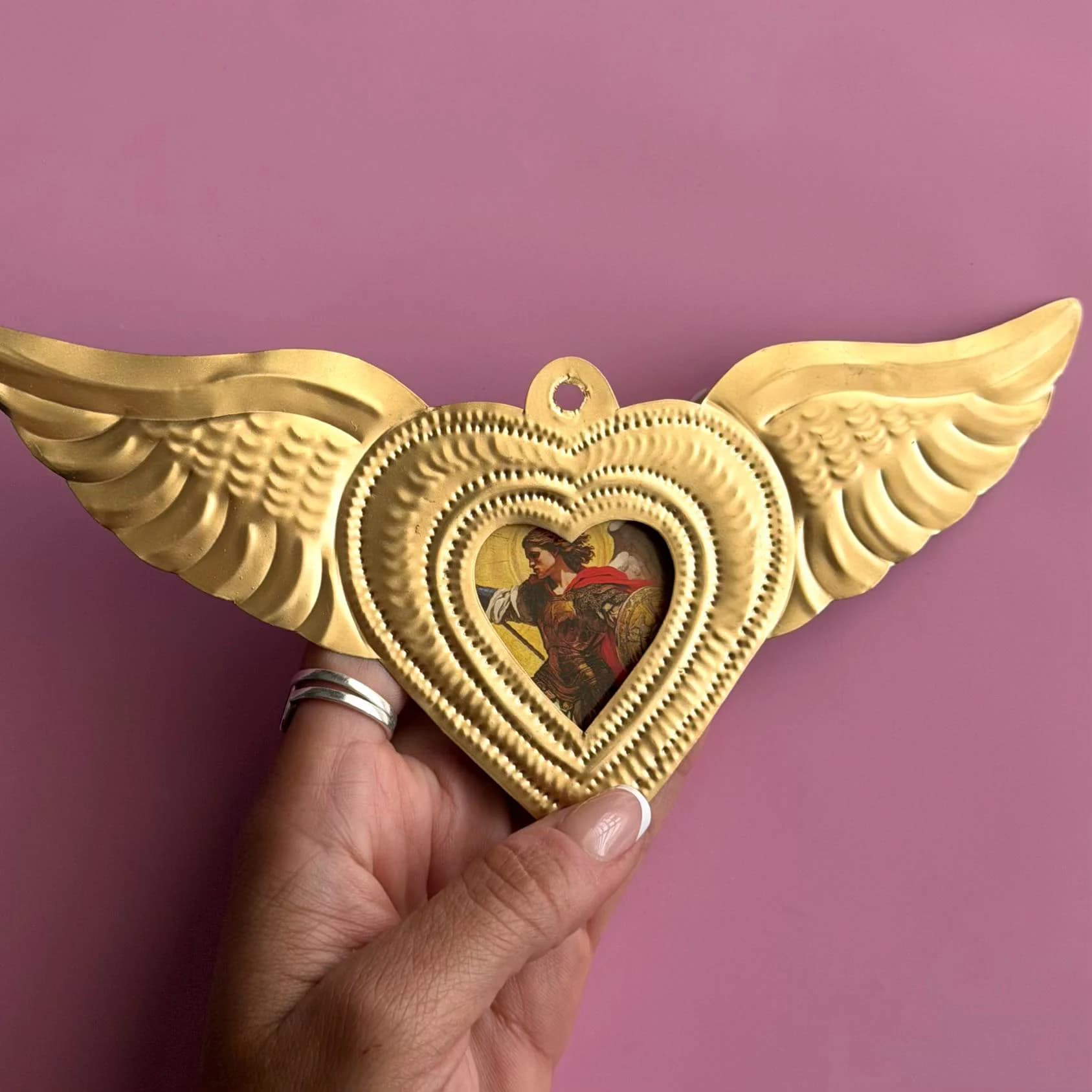 Tin Ex-Voto Charm, Statement Wall Art, Nicho San Miguel Arcangel 8"(long)