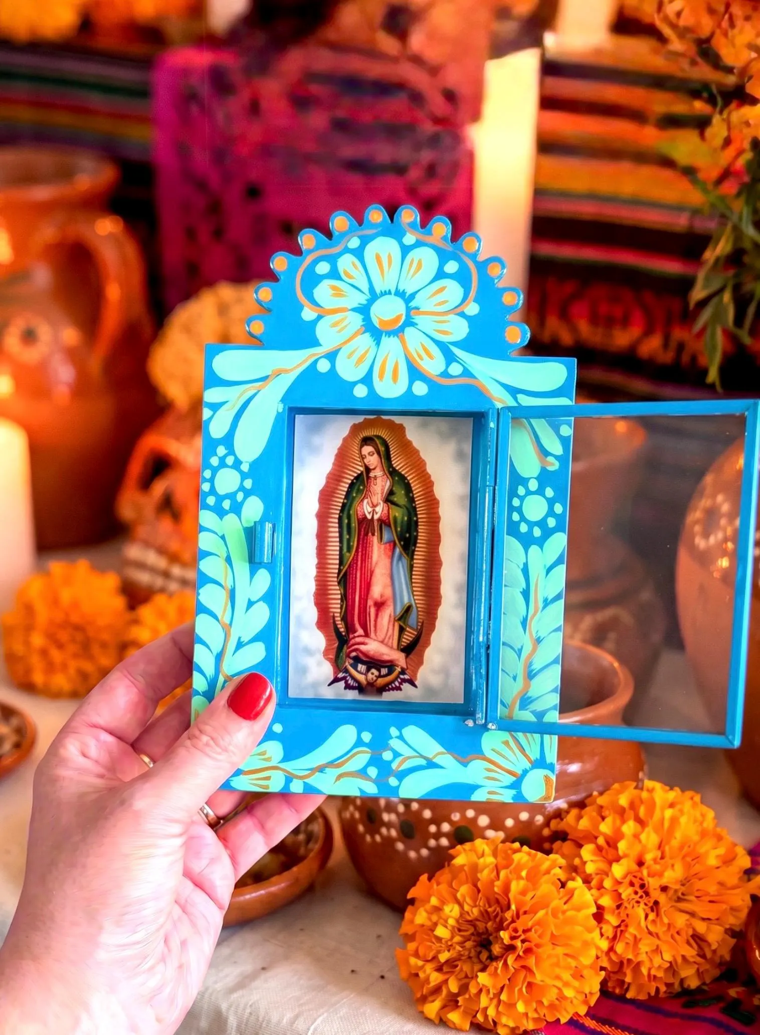 Hand-cut Nicho Virgen De Guadalupe, Mexican Folk Colorful Niche 7”(tall)