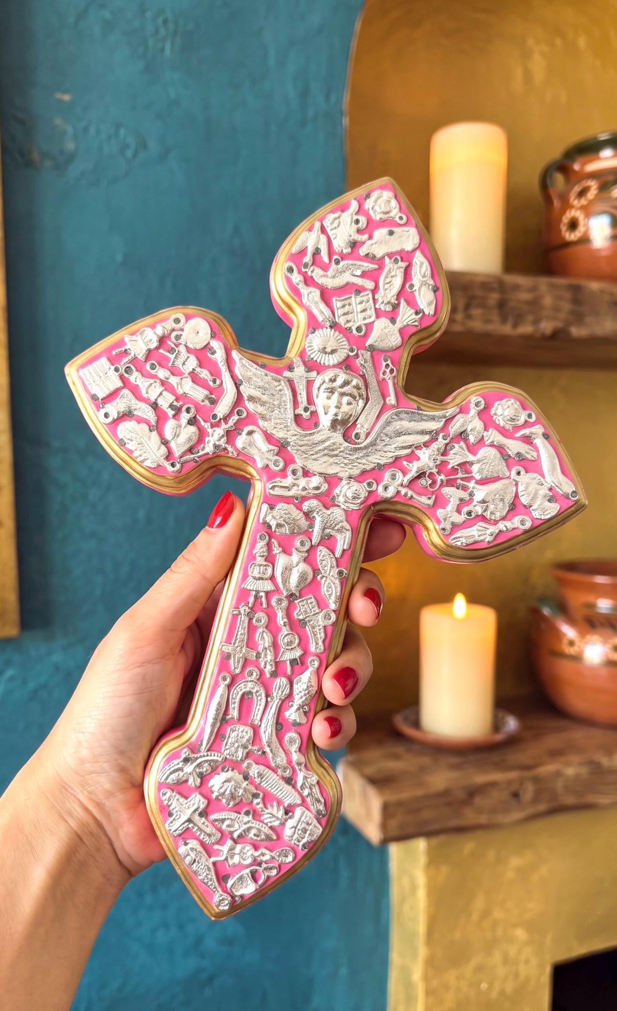 Silver Milagritos Cruz Pink 12"(tall)