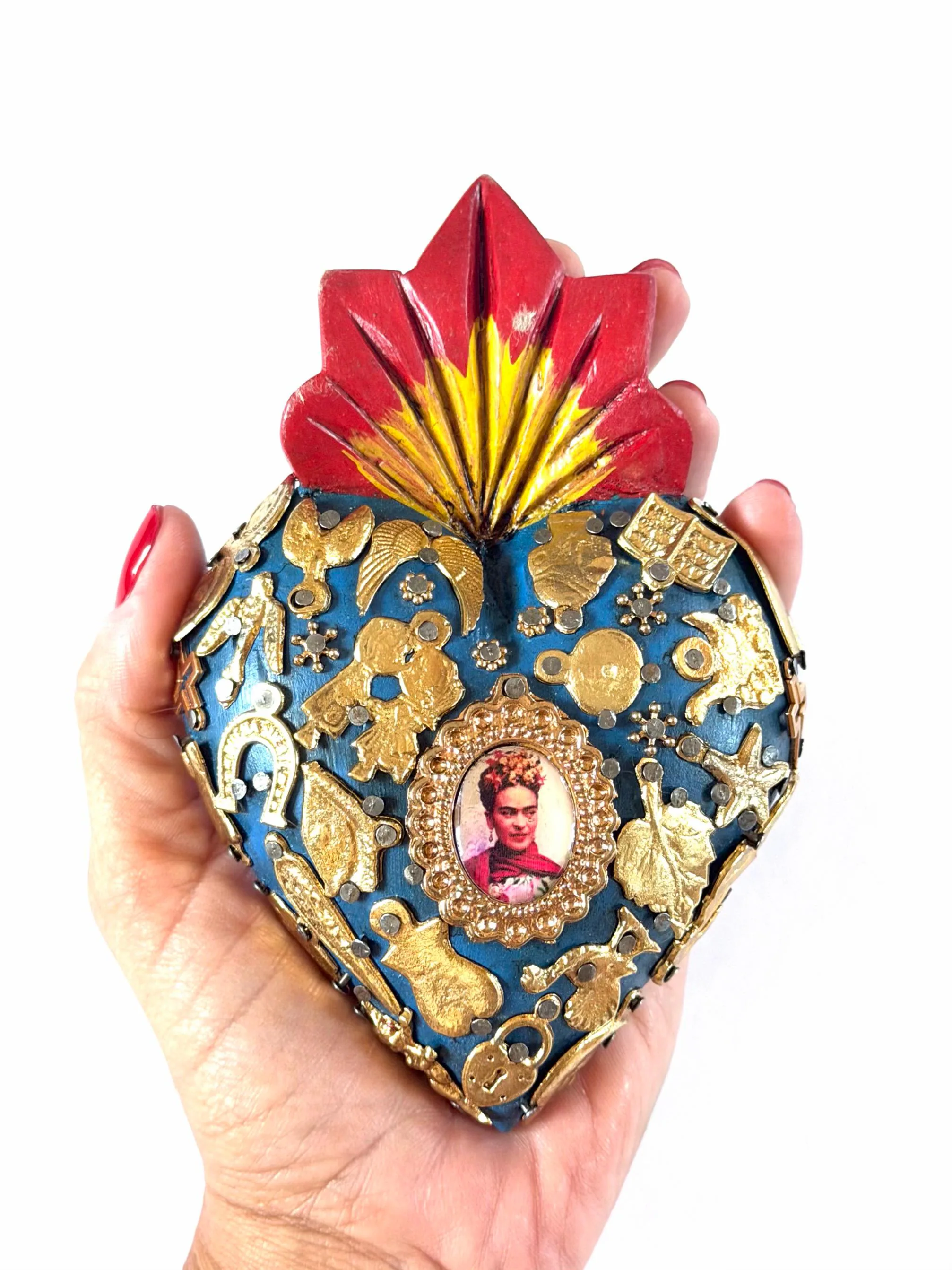 Mexican Folk Art, Rustic Handmade Decor, Frida Kahlo Wood Sacred Heart Gold Milagritos, Medium 5.5”(tall)