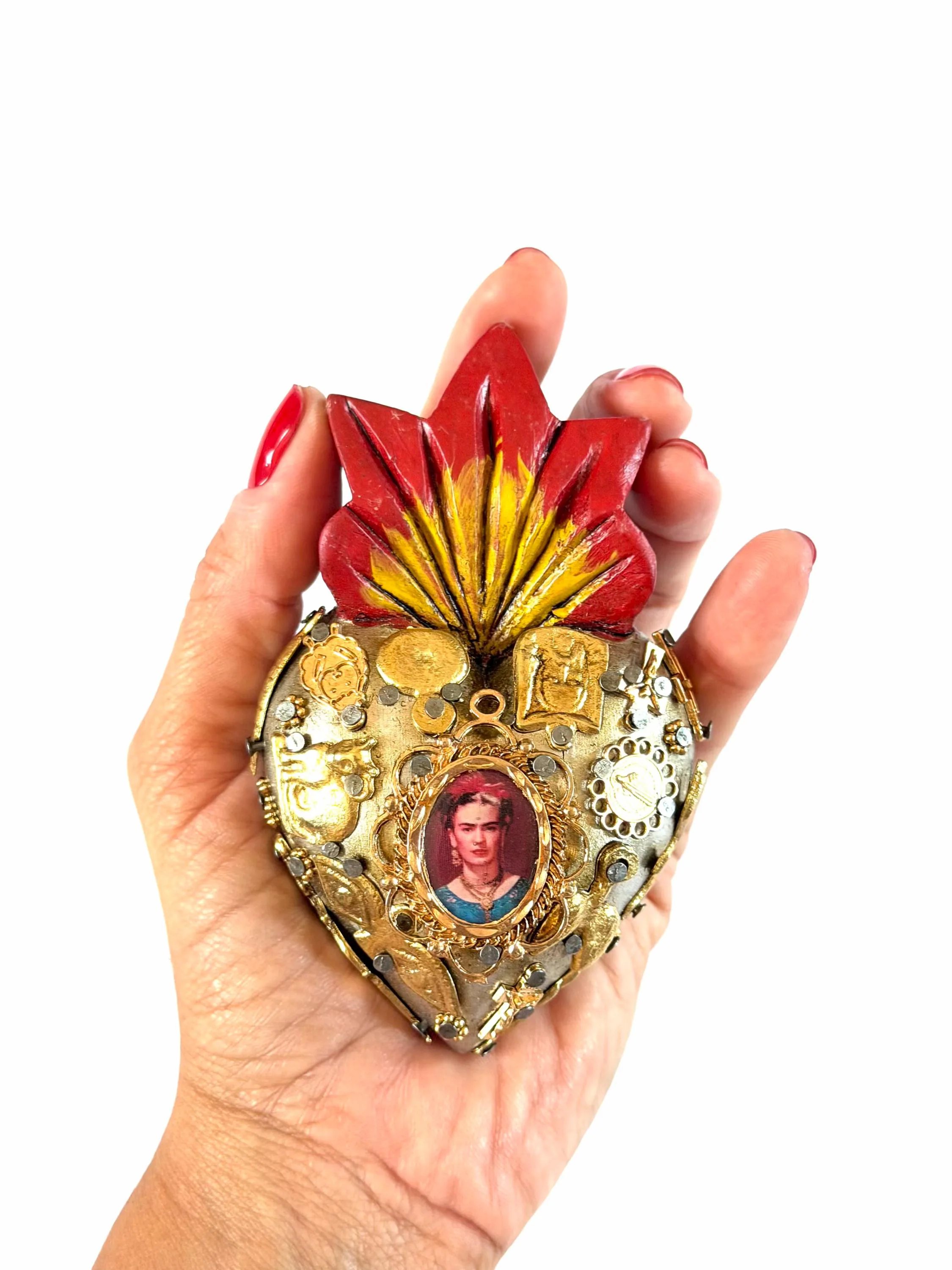 Small Frida Kahlo Wood Sacred Heart Gold Milagritos, Mexican Folk Art, Rustic Handmade Decor