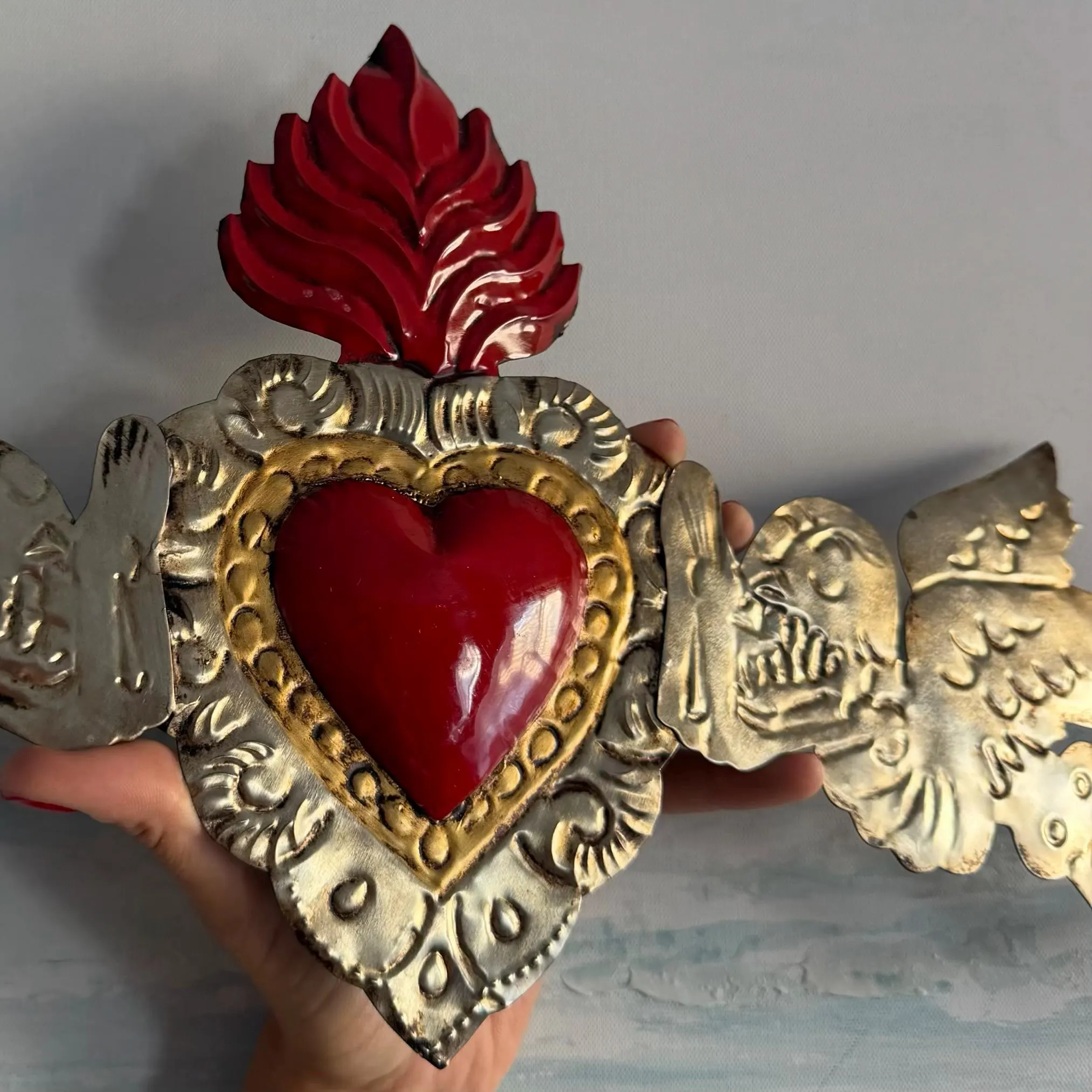 XL D.Muertos 20”(long), Handcrafted Sacred Heart Wall Art, Mexican Home Decor, Ex-Voto Milagro Style