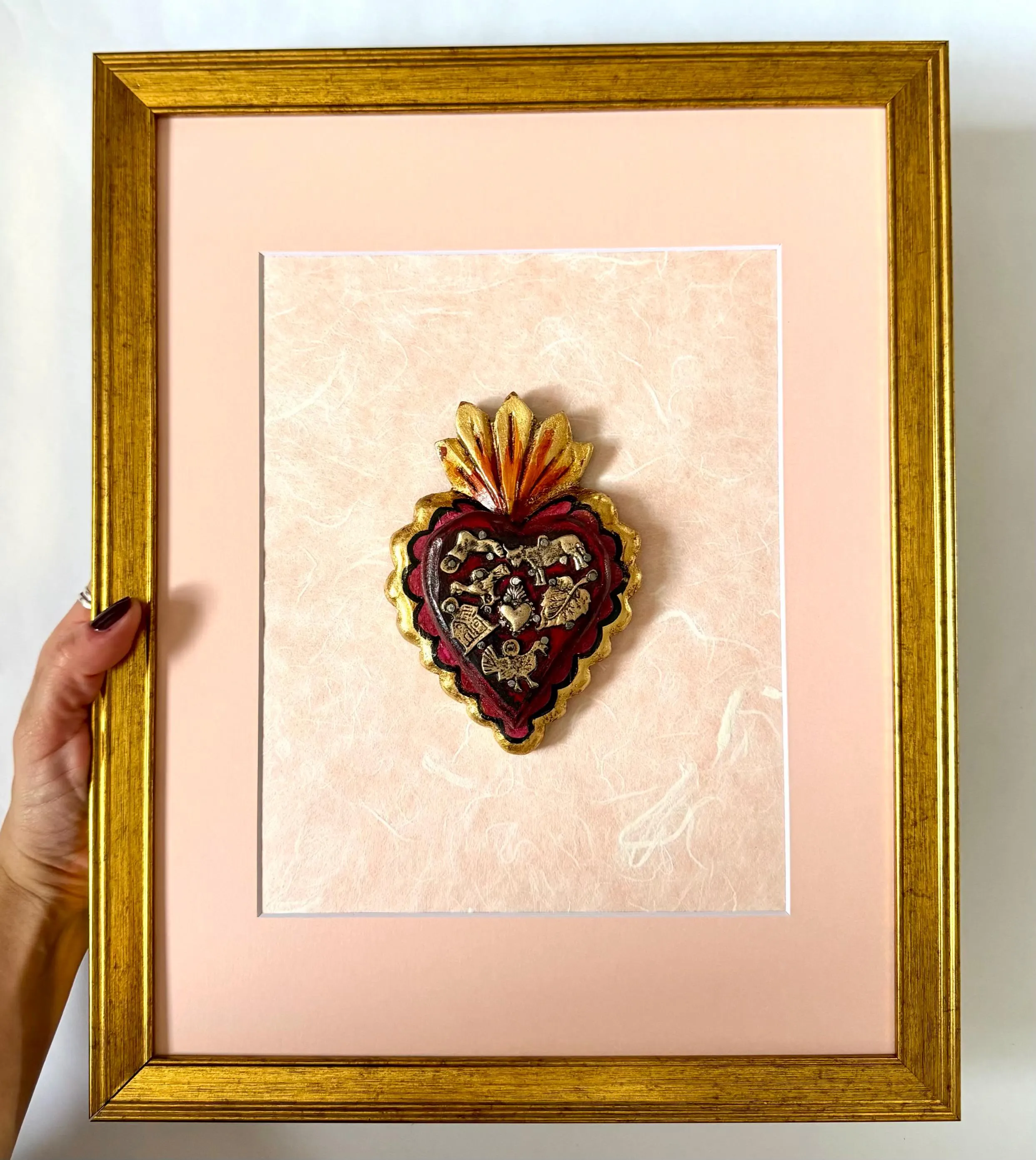 Tin Folk Art, One Of A Kind, Framed Vintage Pink