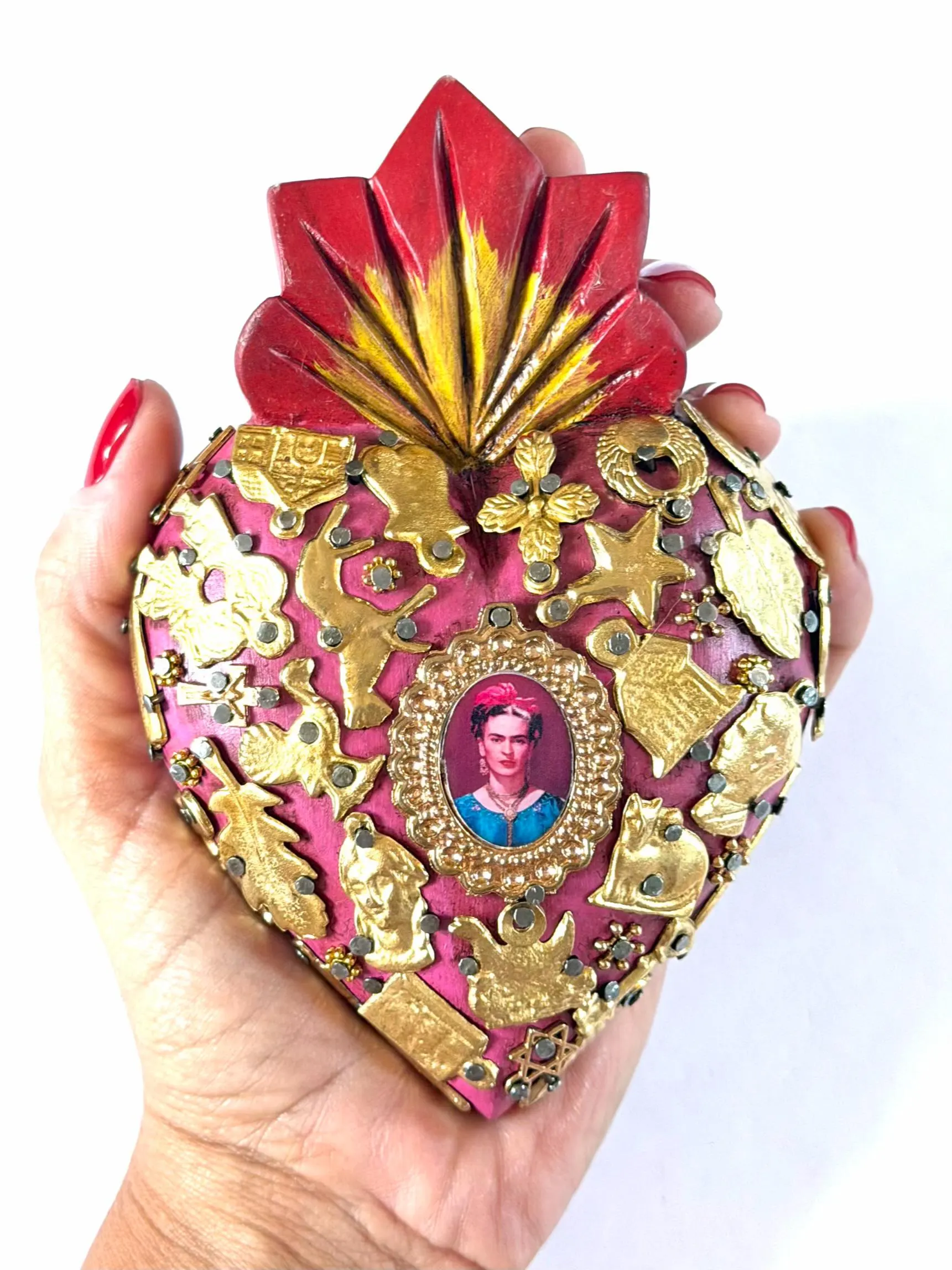 Mexican Folk Art, Rustic Handmade Decor, Frida Kahlo Wood Sacred Heart Gold Milagritos, Medium 5.5”(tall)