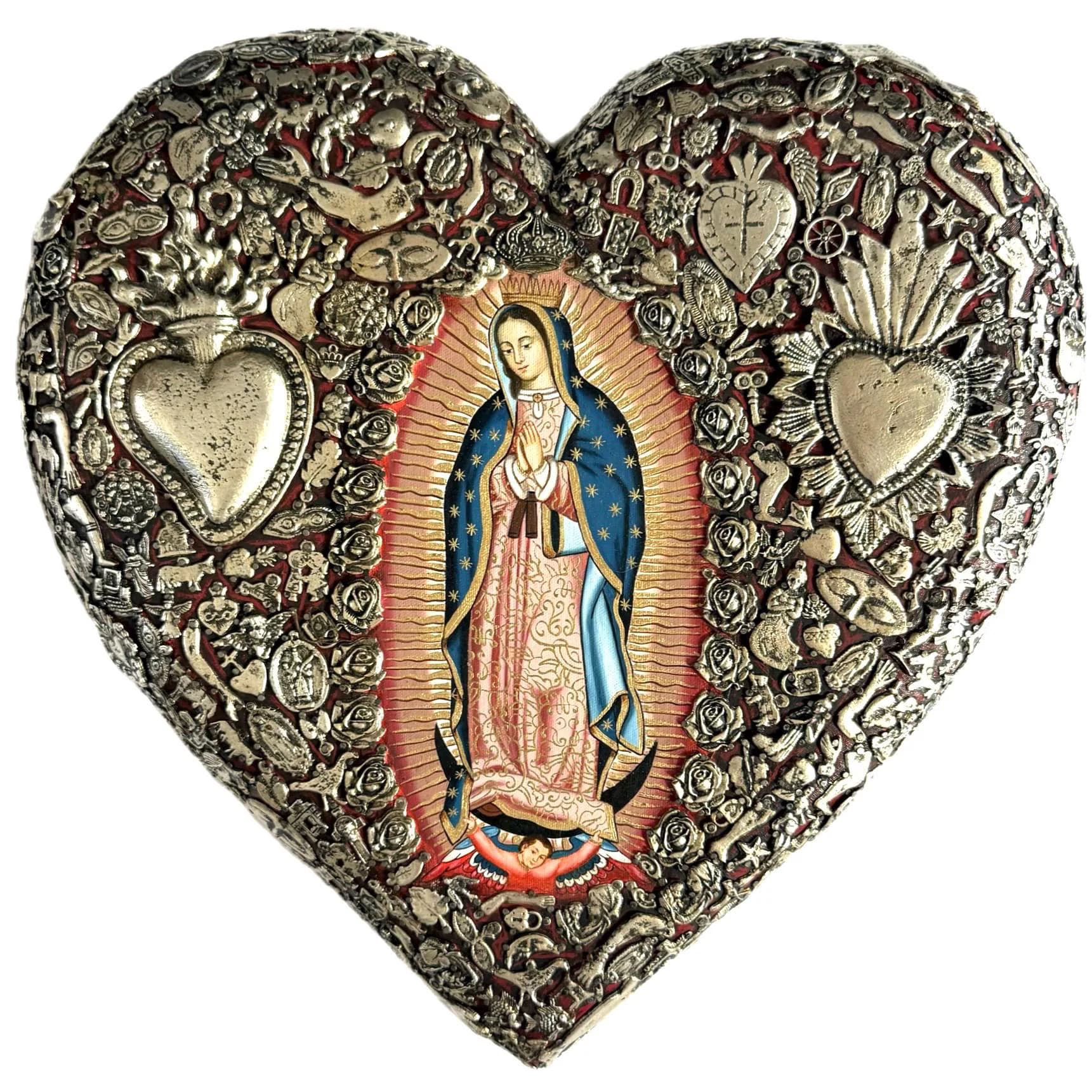 Our Lady Art, Home Altar Piece, MAXI Oleo Guadalupe Milagritos Red 19"x 19"