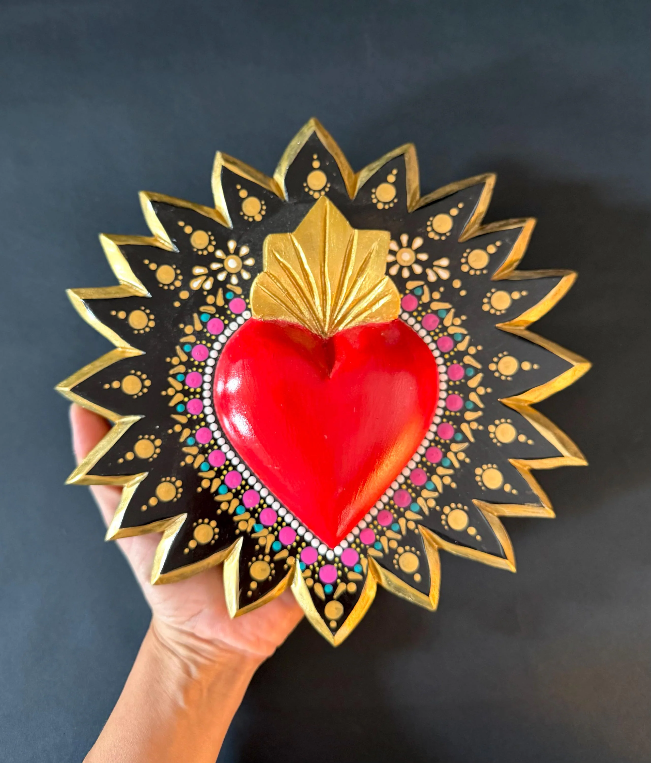 Hand Painted Wood Sacred Heart, Milagro Folk Art, Mexican Art, Rayos Puntitos 9”x 9”