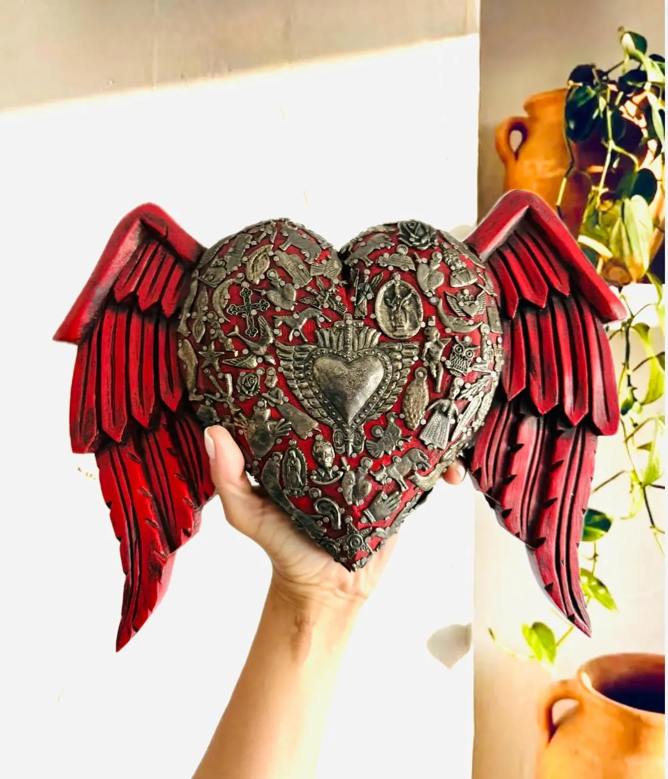Wood Milagro Art, Housewarming Gift, Wood Sacred Heart Alas Caidas Red
