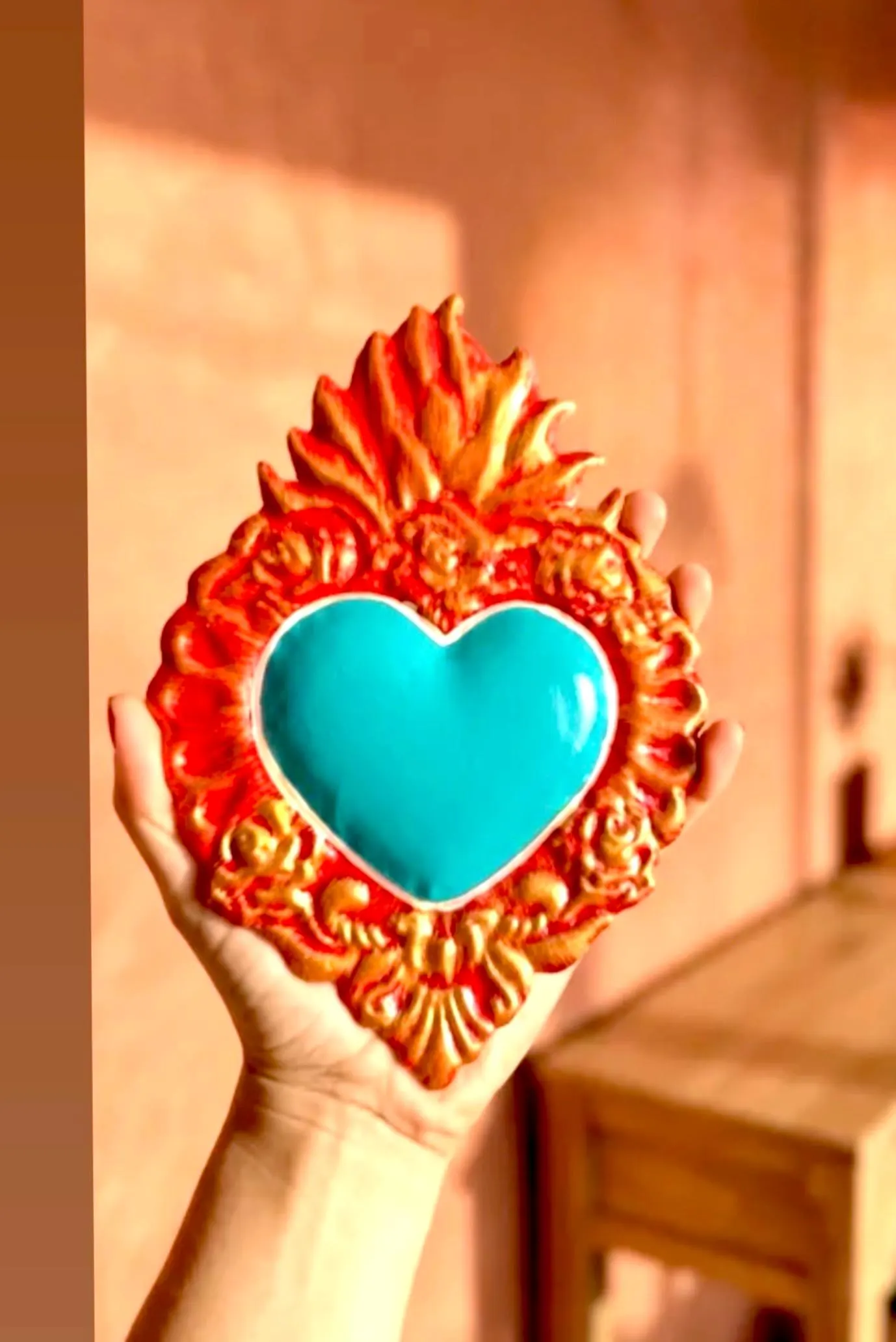 Hand-Cut Tin Heart, Boho Wall Decor, Decorado Aqua 6"x 8"