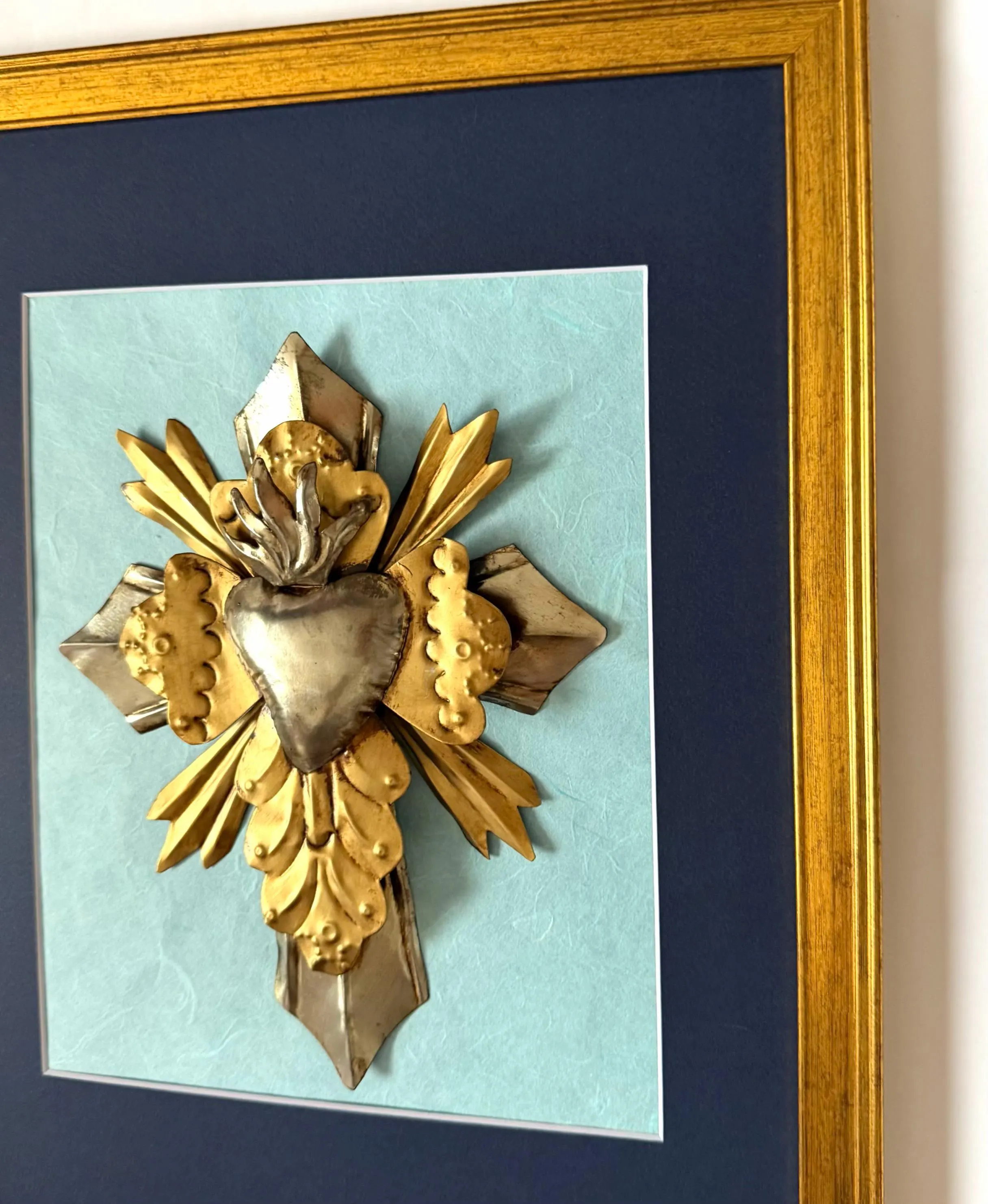 Wood Cross Art, Catholic Home Gift, Framed Silver Cross 12.25"x 15.25"