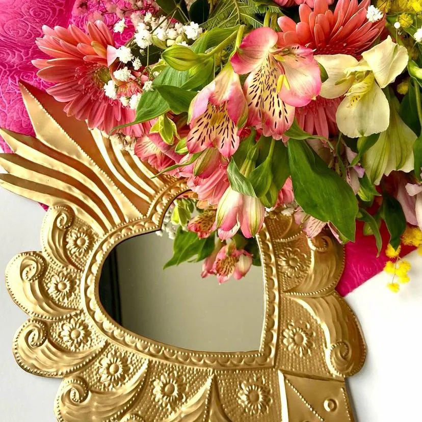 Handcrafted Gold Sacred Heart Mirror, Mexican Ex-Voto Milagro Wall Decor