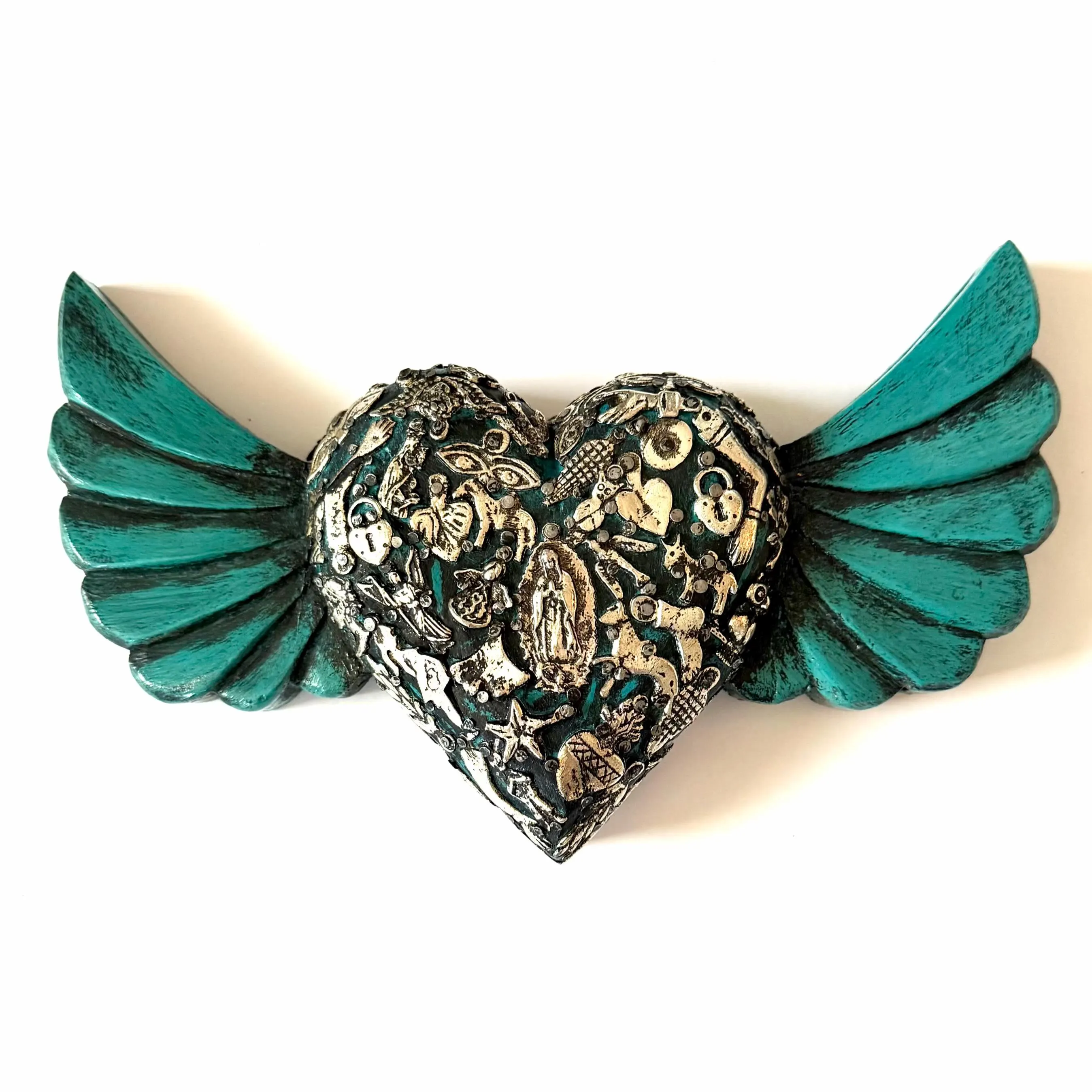 Guadalupe Retablo Art, Housewarming Gift, Large Abanico Guadalupe Vintage Heart Aqua