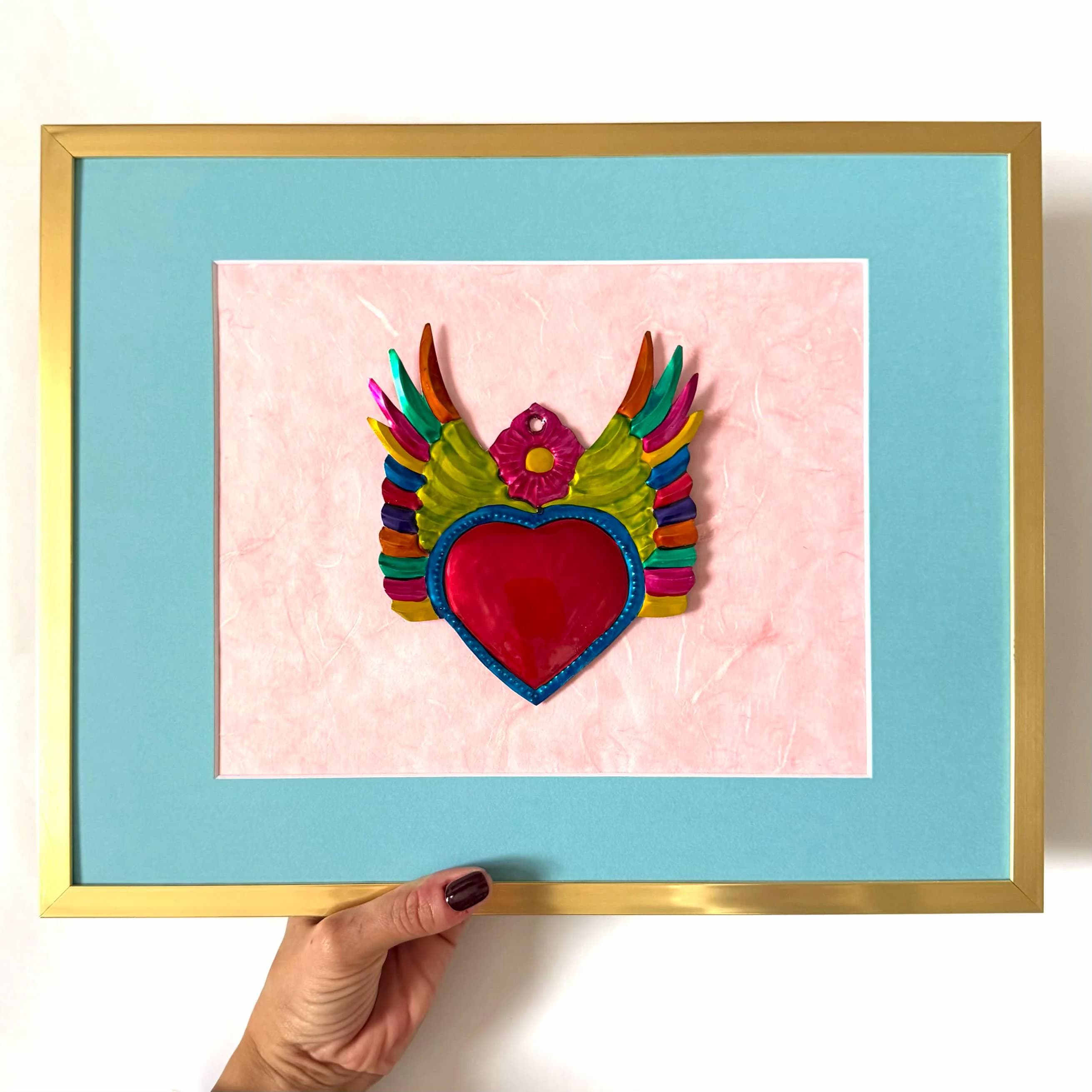 Hand-Cut Tin Heart, One Of A Kind, Framed Alas Arriba 14.5"x 11.5"