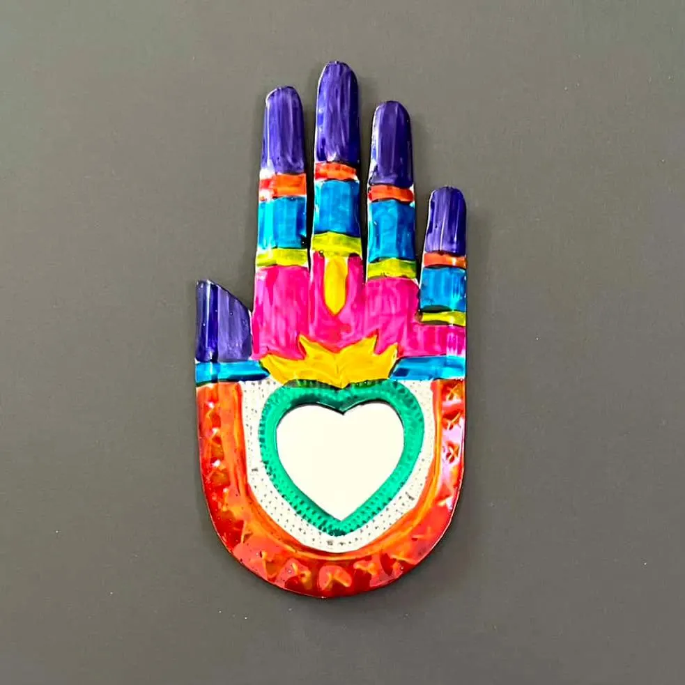 Manita Mirror de la Suerte 5.5”, Handmade Tin Sacred Heart Mirror Wall Hanging, Mexican Folk Art, Milagro Ex-Voto Charm
