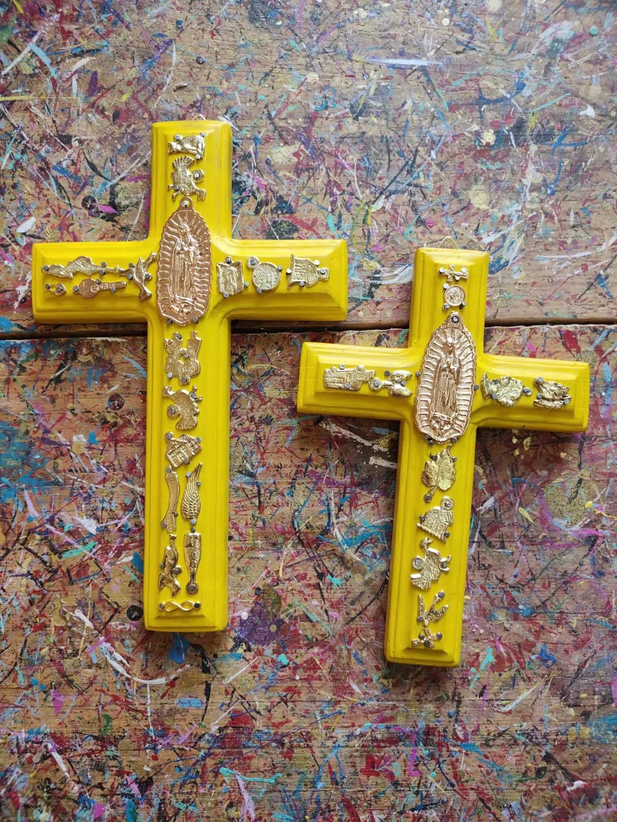 Hand Carved Guadalupe Milagritos Cross, Mexican Home Decor, Ex-Voto Style (8" Tall)