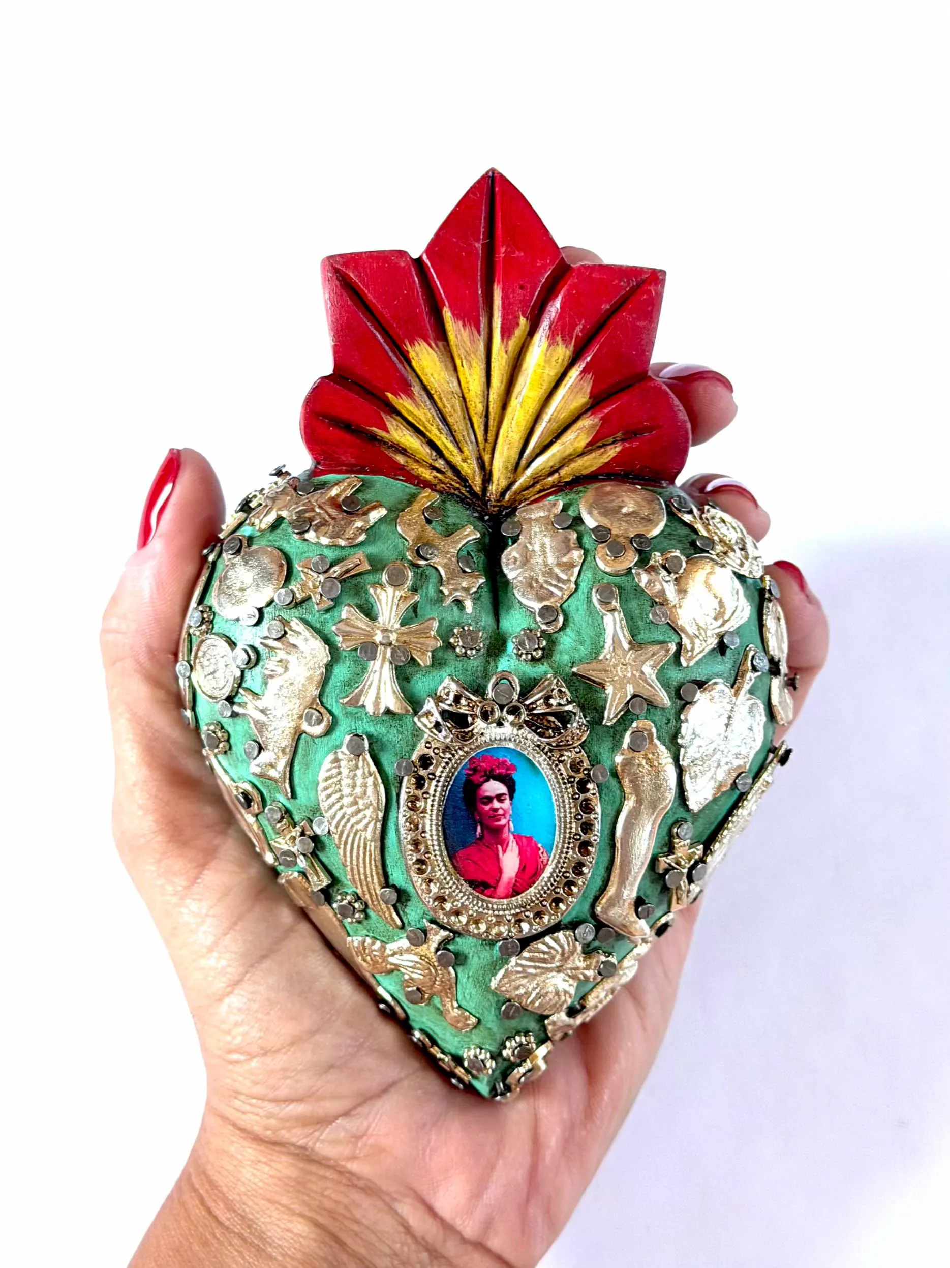Mexican Folk Art, Rustic Handmade Decor, Frida Kahlo Wood Sacred Heart Silver Milagritos, Medium 5.5”(tall)