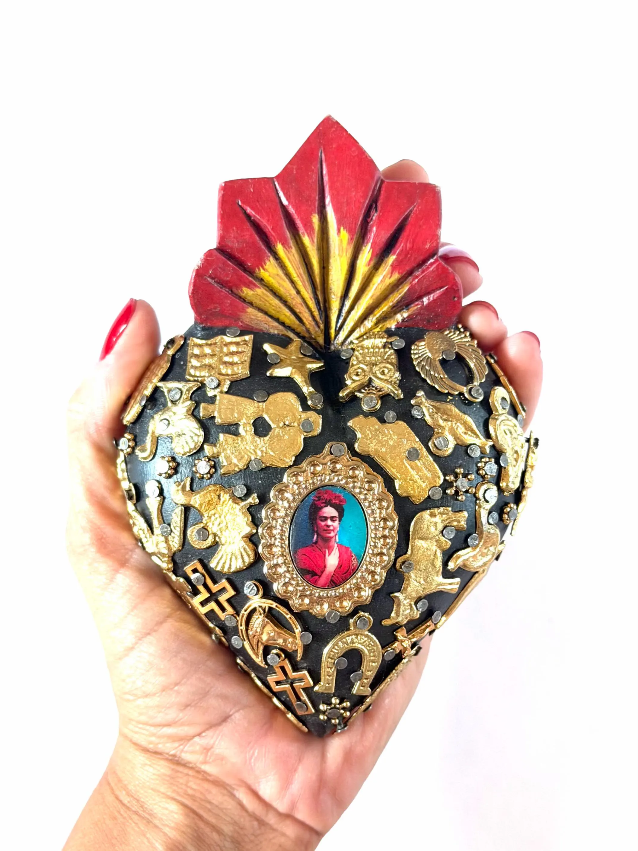 Mexican Folk Art, Rustic Handmade Decor, Frida Kahlo Wood Sacred Heart Gold Milagritos, Medium 5.5”(tall)