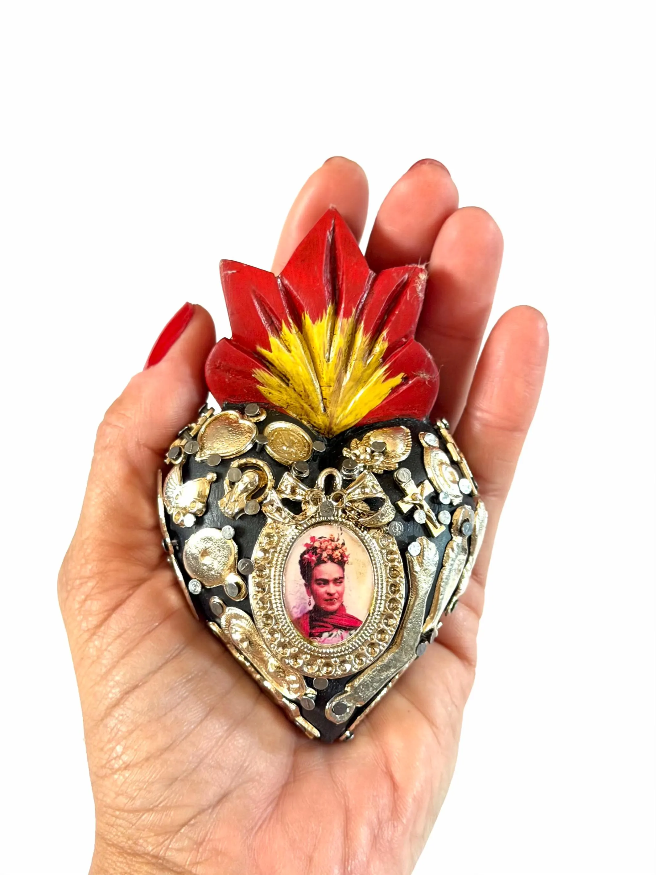Small Frida Kahlo Wood Sacred Heart Silver Milagritos, Mexican Folk Art, Rustic Handmade Decor