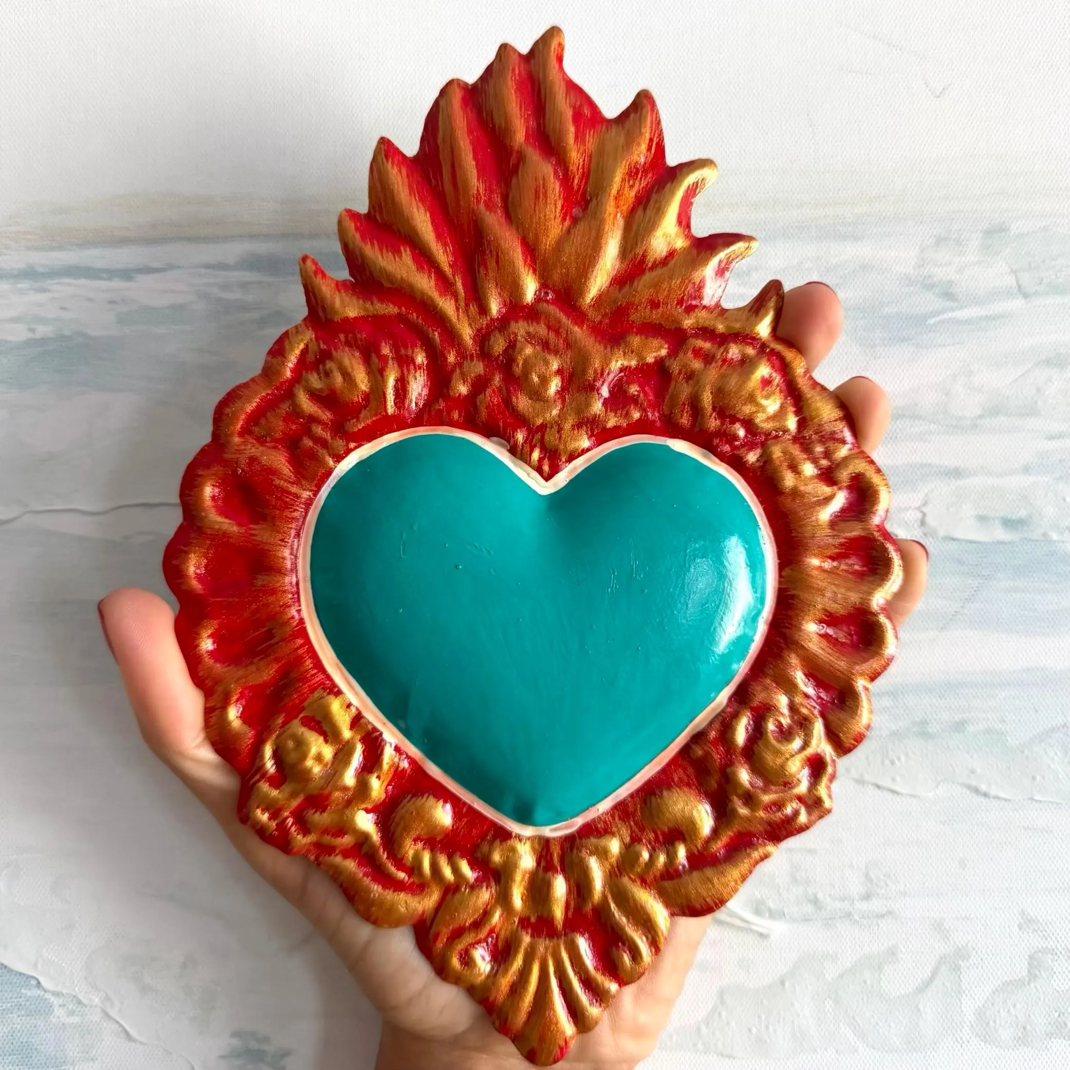Hand-Cut Tin Heart, Boho Wall Decor, Decorado Aqua 6"x 8"