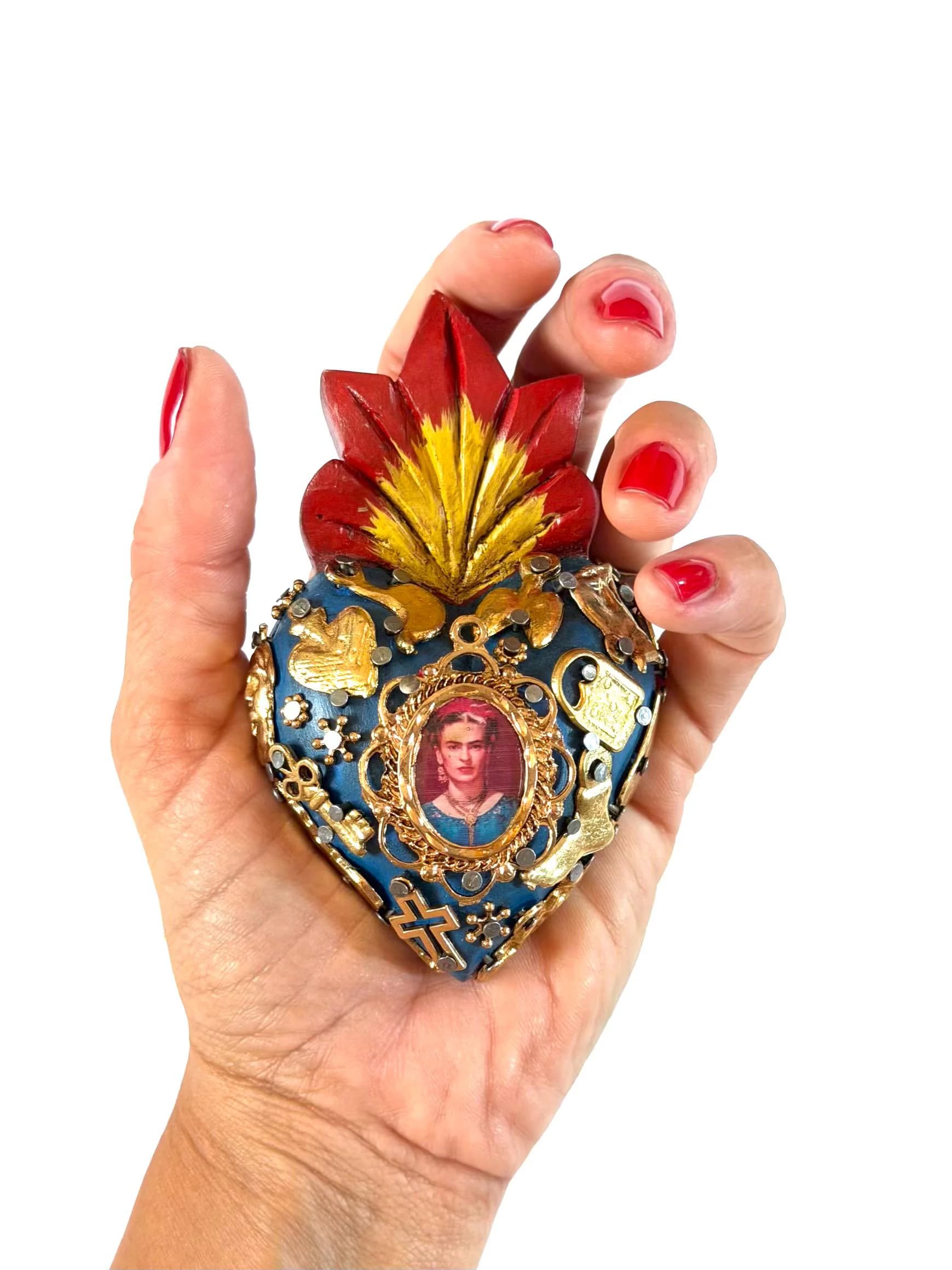 Small Frida Kahlo Wood Sacred Heart Gold Milagritos, Mexican Folk Art, Rustic Handmade Decor
