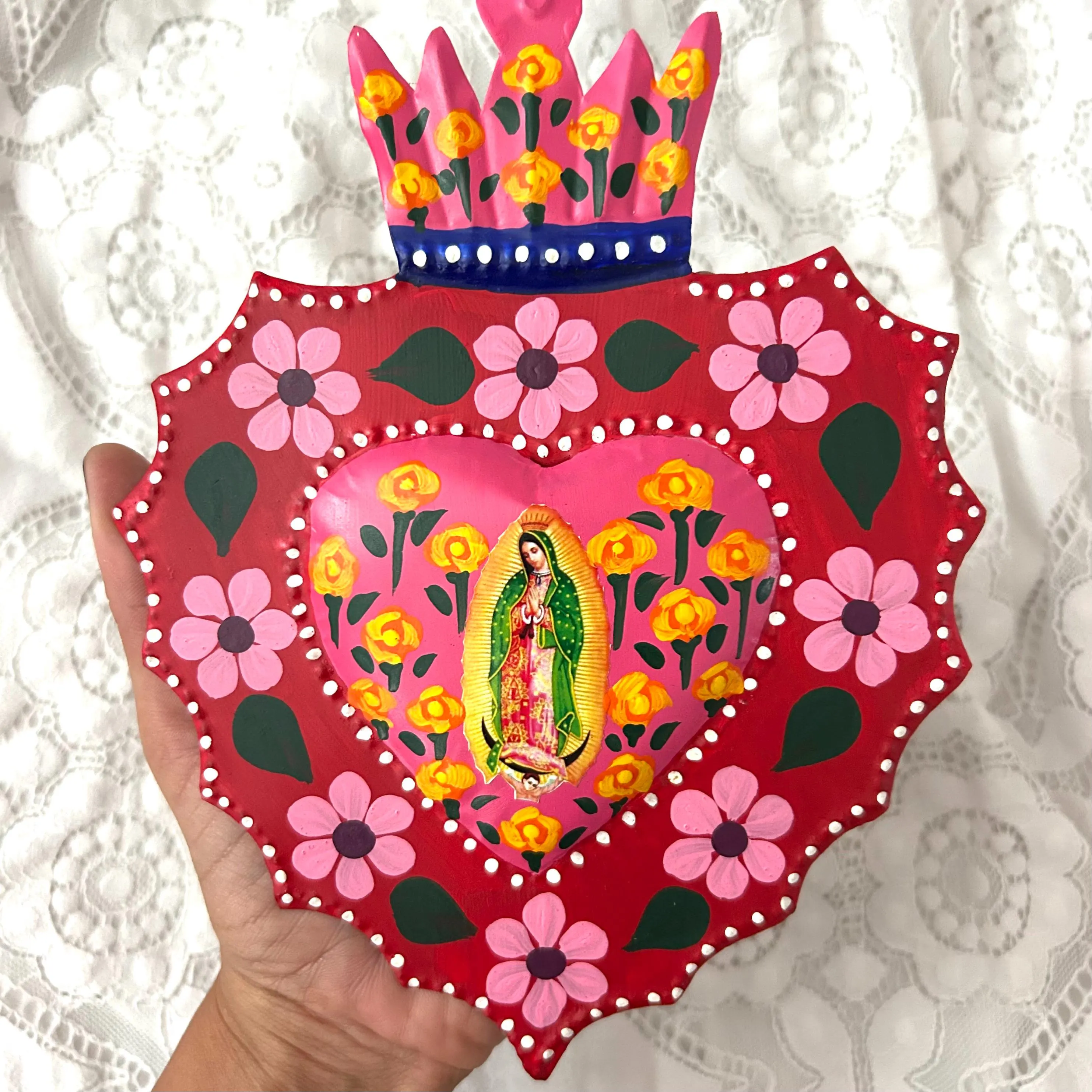 Boho Handcrafted Sacred Heart Wall Hanging, Authentic Mexican Folk Art Guadalupe
