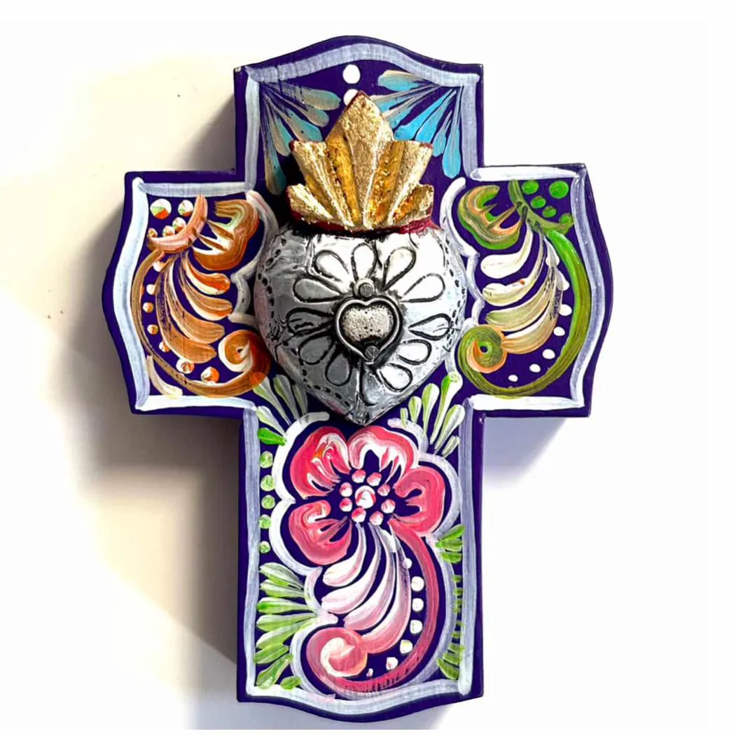 Handmade Mexican Folk Art Sacred Heart Cross, 7" Wall Decor (5"x7"x1.5")
