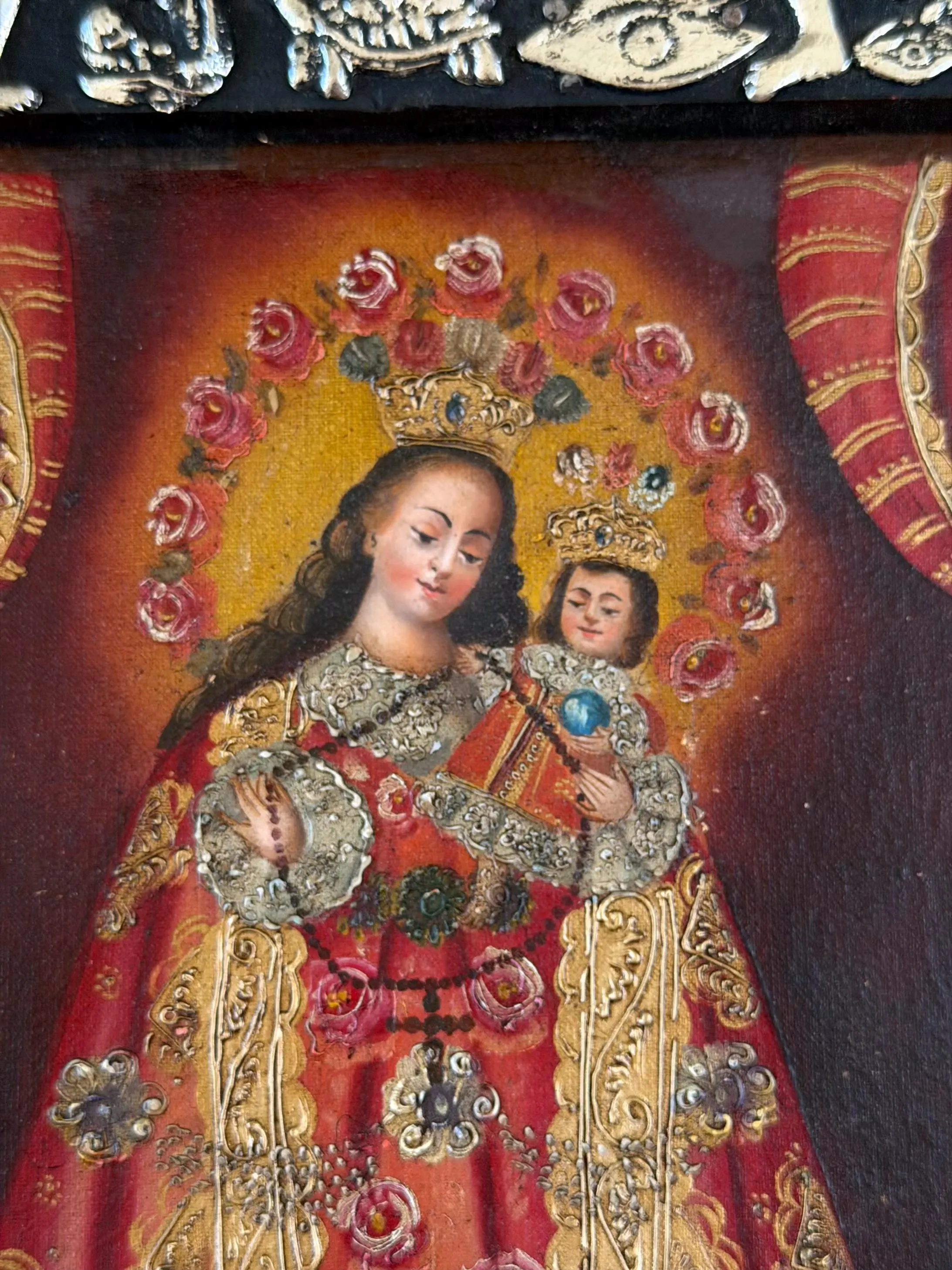 Tin Ex-Voto Charm, Eclectic Home Accent, Oleo Retablo Maria y Nino con Milagritos