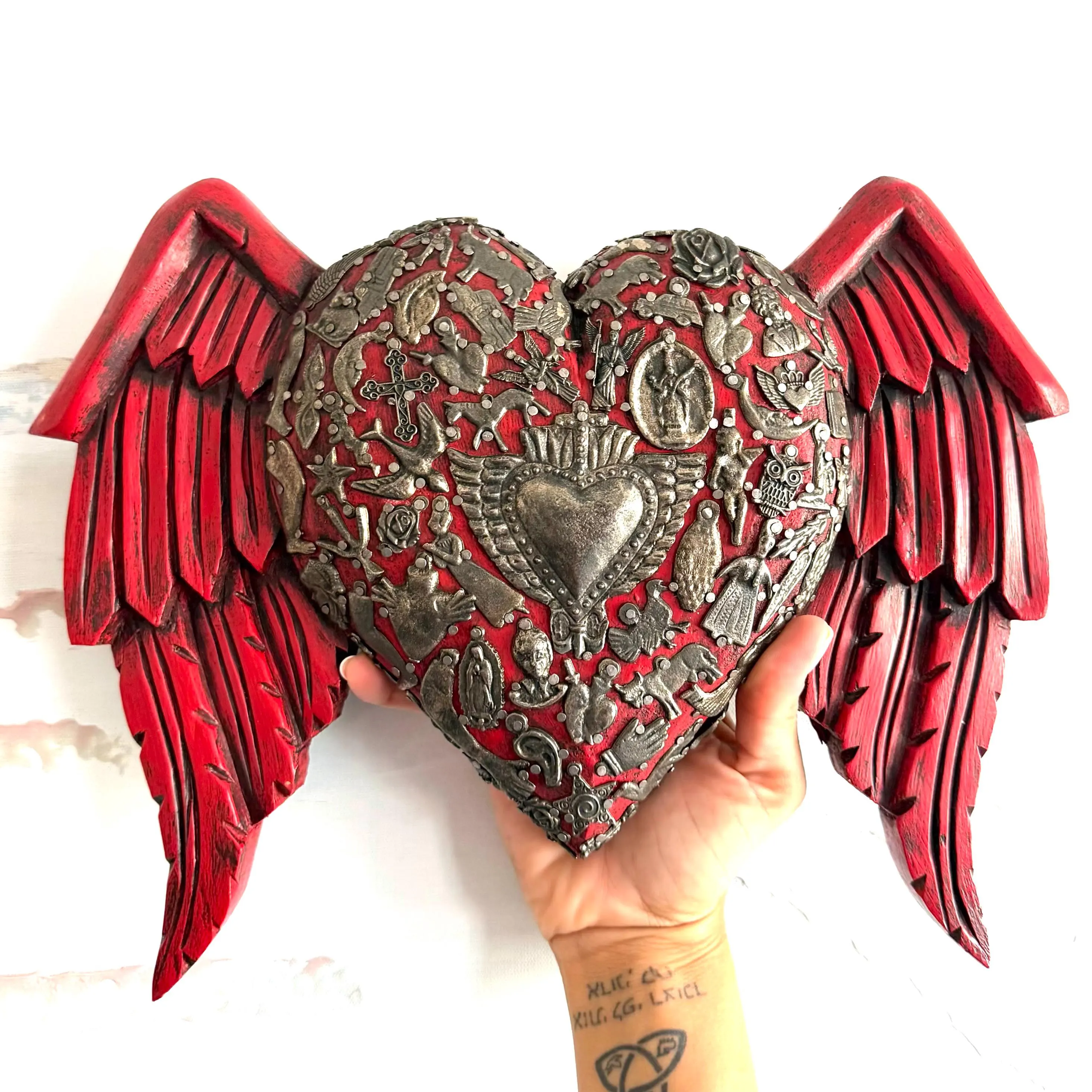 Wood Milagro Art, Housewarming Gift, Wood Sacred Heart Alas Caidas Red