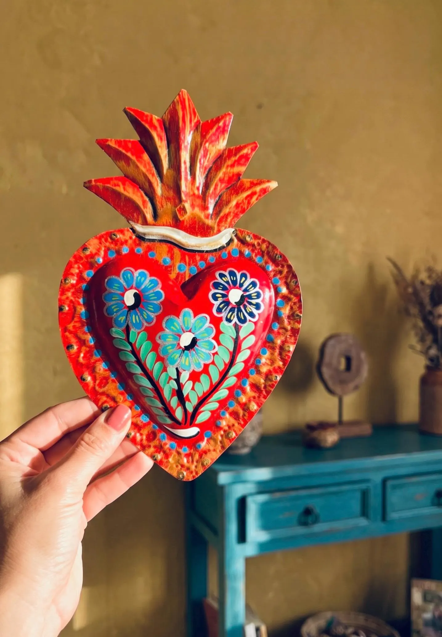 Punched Tin Heart, Eclectic Home Accent, Tres Flores Decorado 9.5"