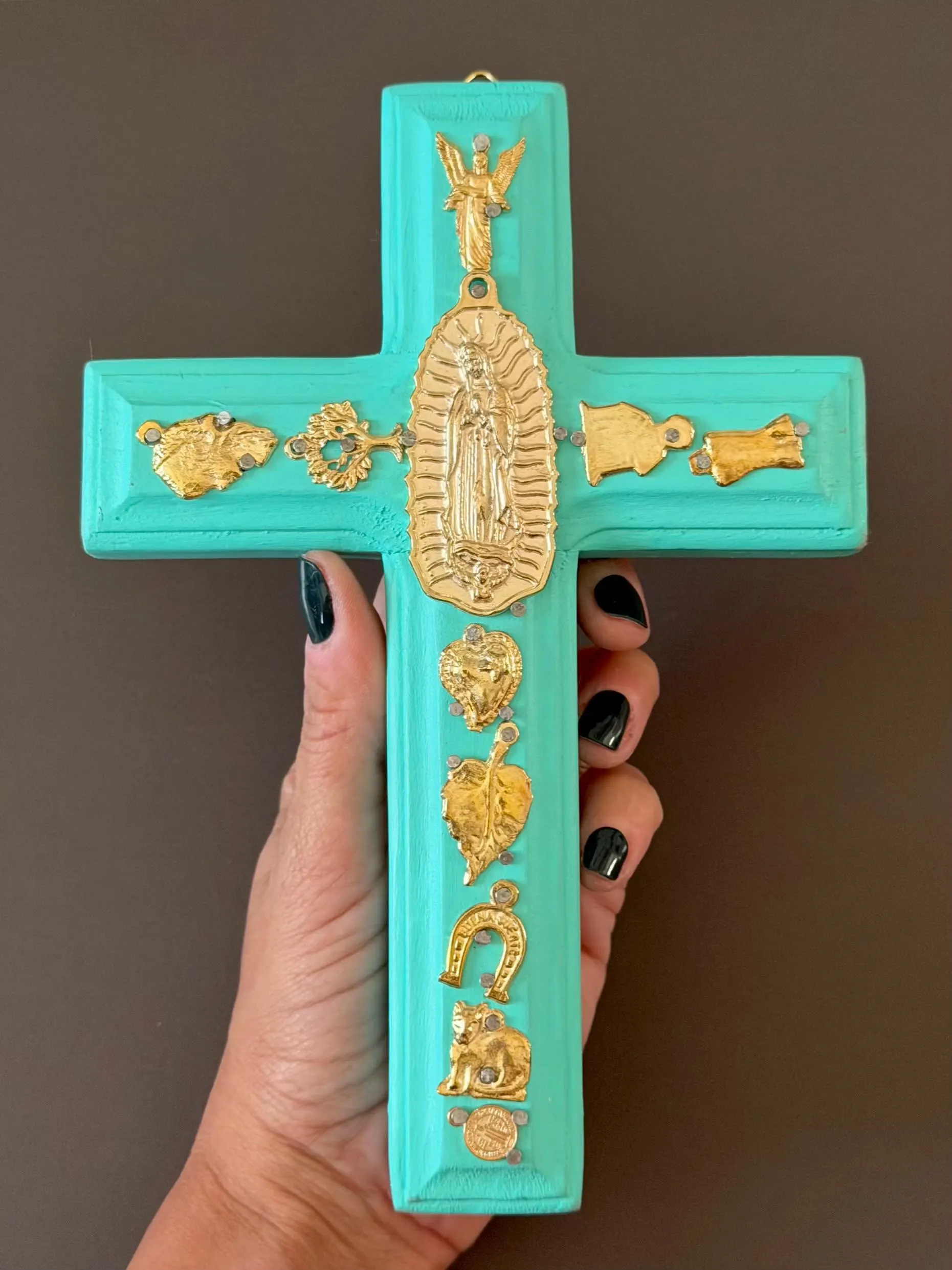 Hand Carved Guadalupe Milagritos Cross, Mexican Home Decor, Ex-Voto Style (8" Tall)