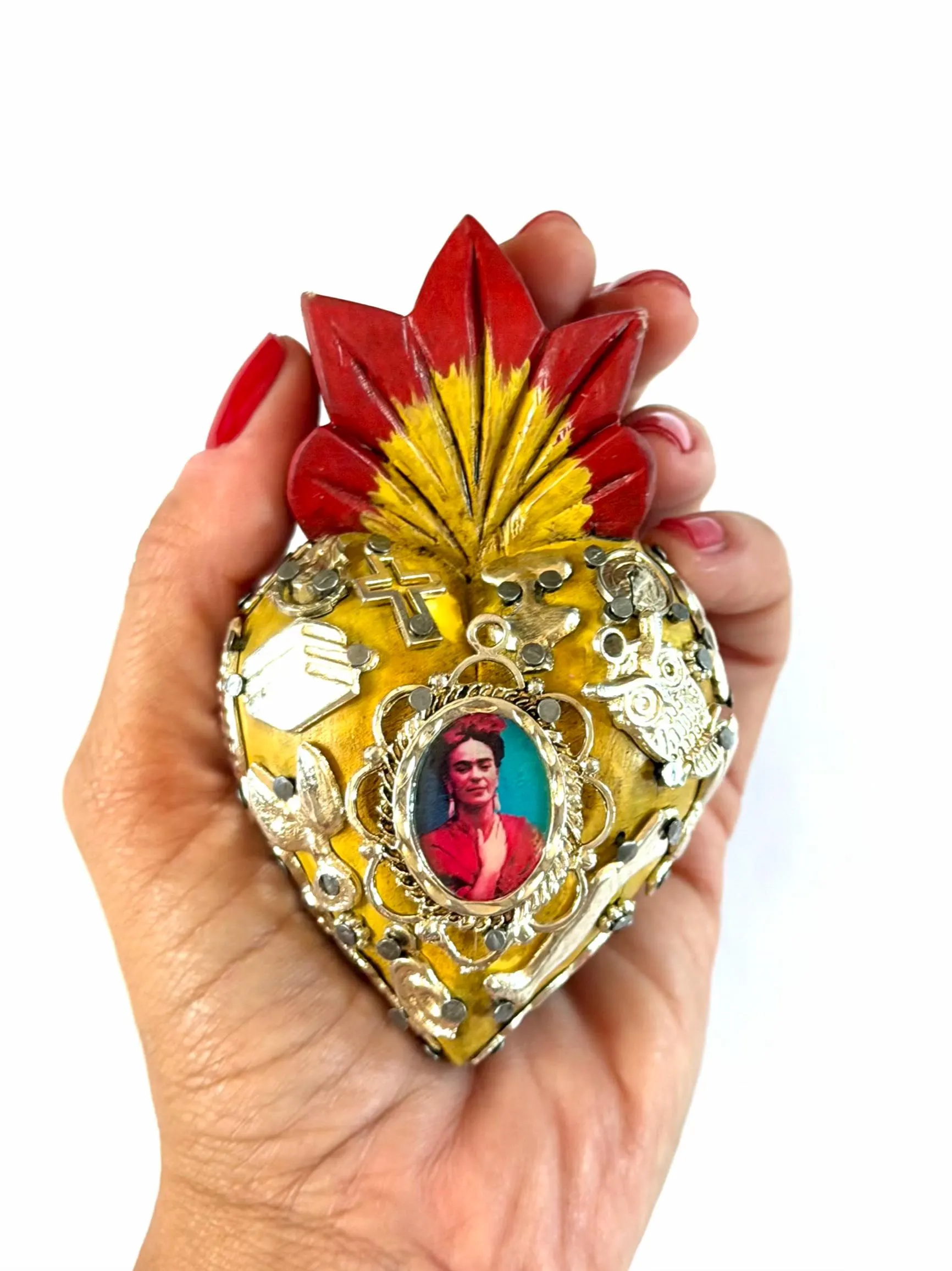 Small Frida Kahlo Wood Sacred Heart Silver Milagritos, Mexican Folk Art, Rustic Handmade Decor