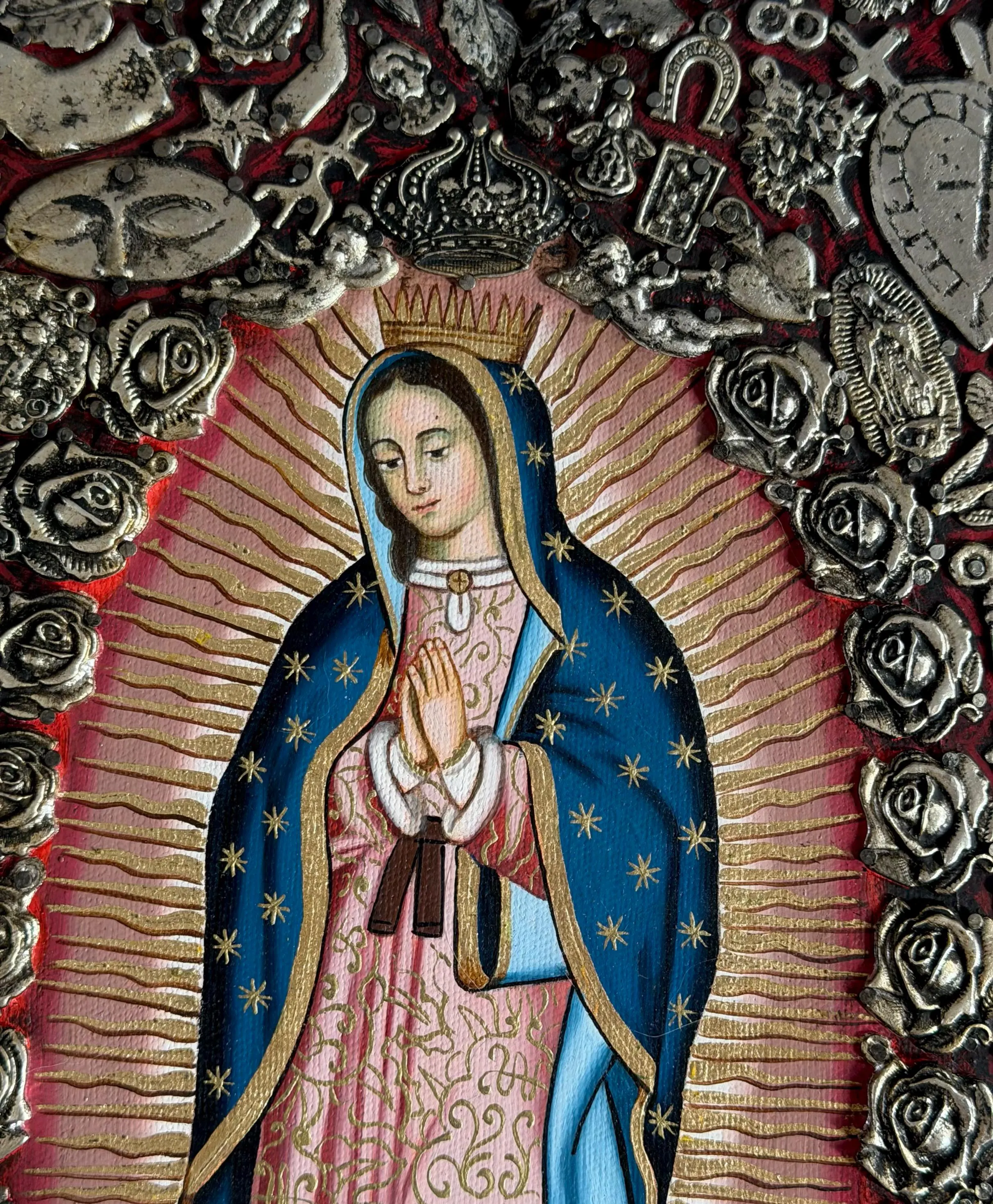 Our Lady Art, Home Altar Piece, MAXI Oleo Guadalupe Milagritos Red 19"x 19"