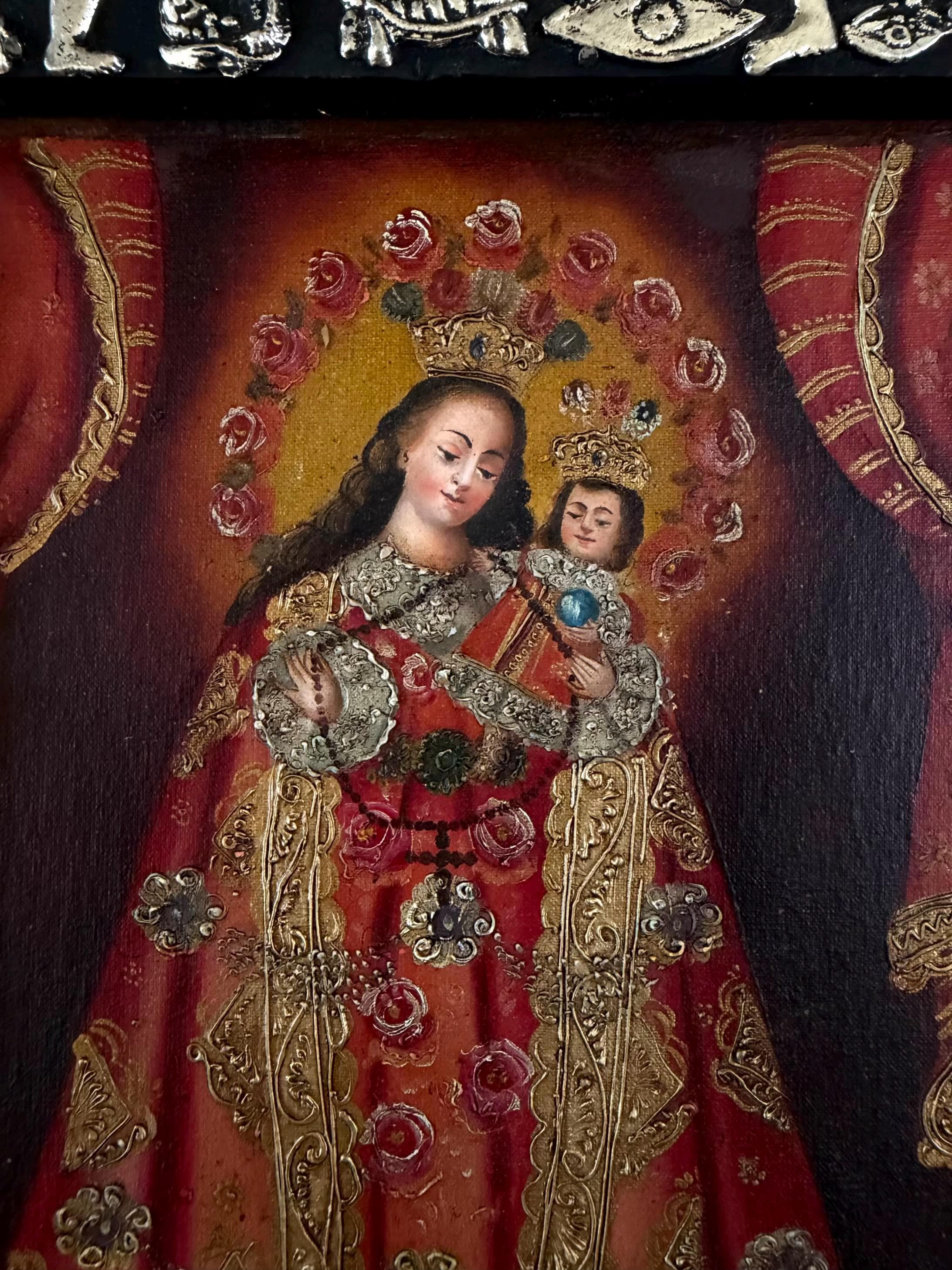 Tin Ex-Voto Charm, Eclectic Home Accent, Oleo Retablo Maria y Nino con Milagritos