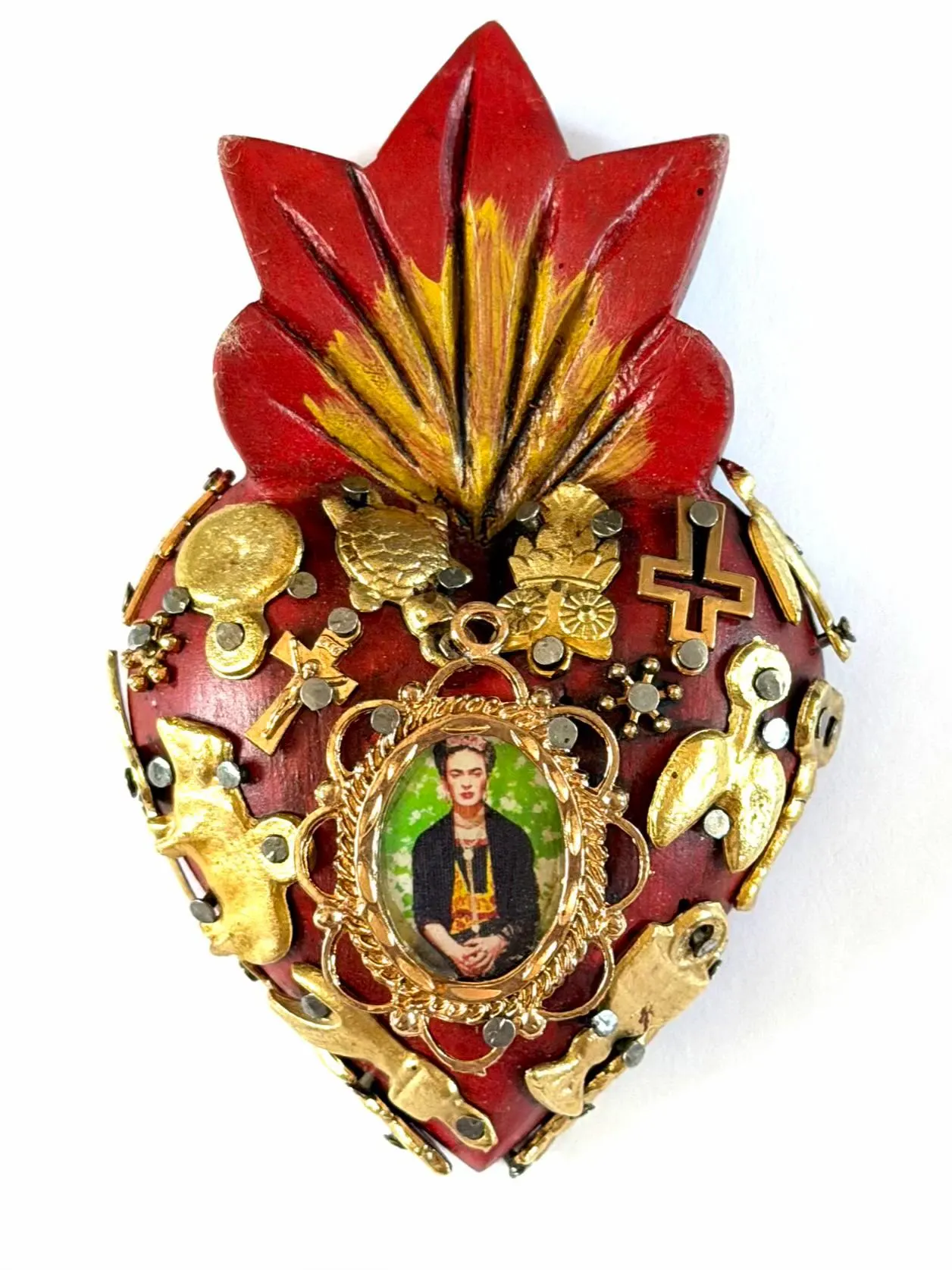 Small Frida Kahlo Wood Sacred Heart Gold Milagritos, Mexican Folk Art, Rustic Handmade Decor