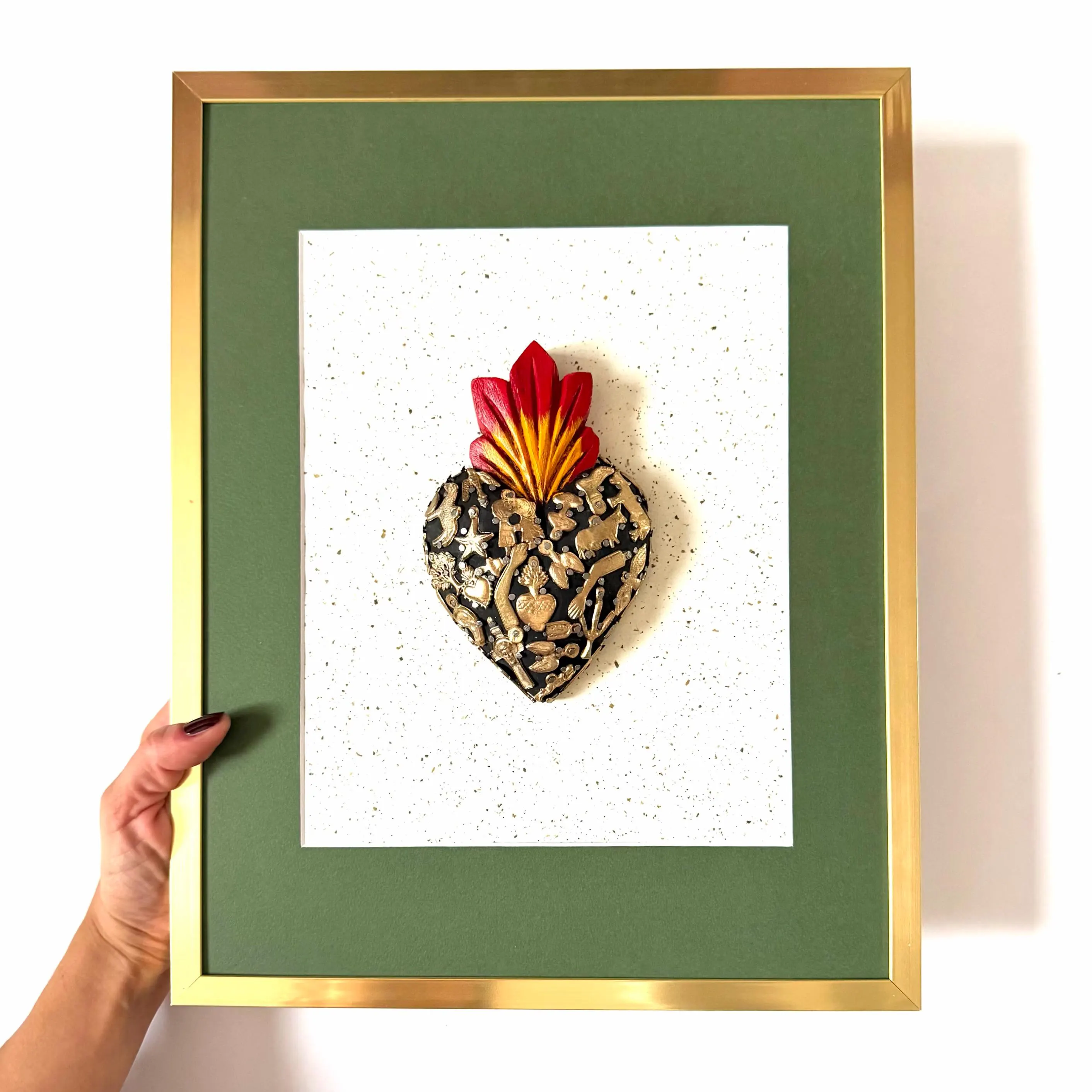 Painted Tin Heart, Eclectic Home Accent, Framed Milagritos Vintage Green 11.5"x 14.5"