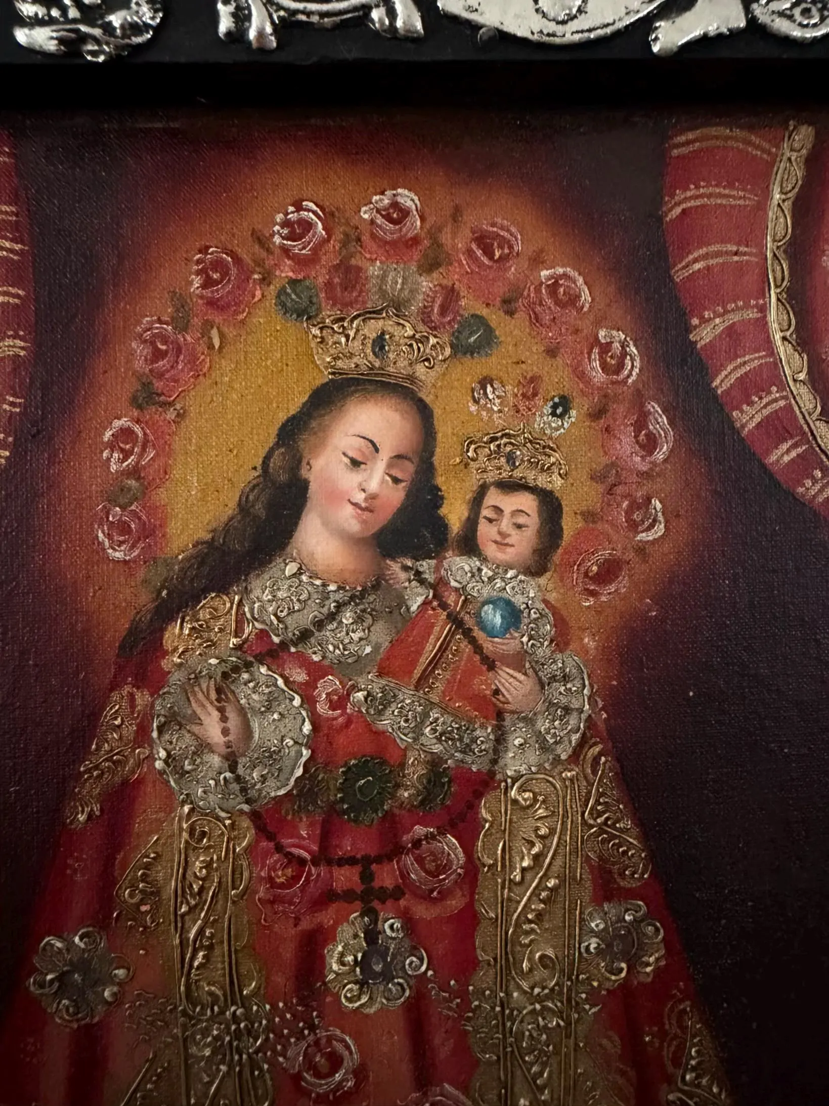 Tin Ex-Voto Charm, Eclectic Home Accent, Oleo Retablo Maria y Nino con Milagritos