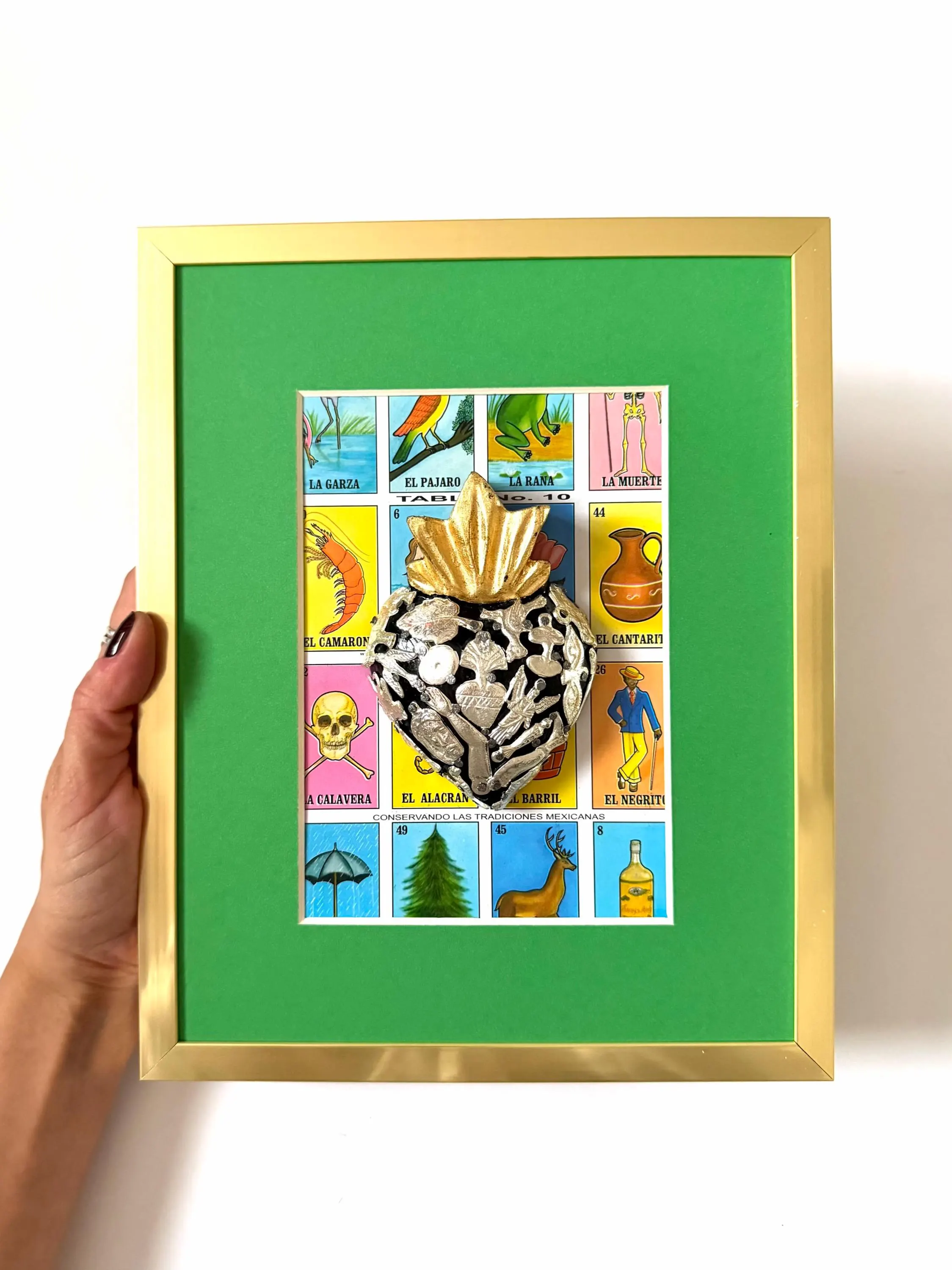 Framed Loteria Milagritos Medium 8.5”x 10.5”, Handcrafted Wood Sacred Heart Wall Hanging, Mexican Home Decor, Ex-Voto Milagro Style