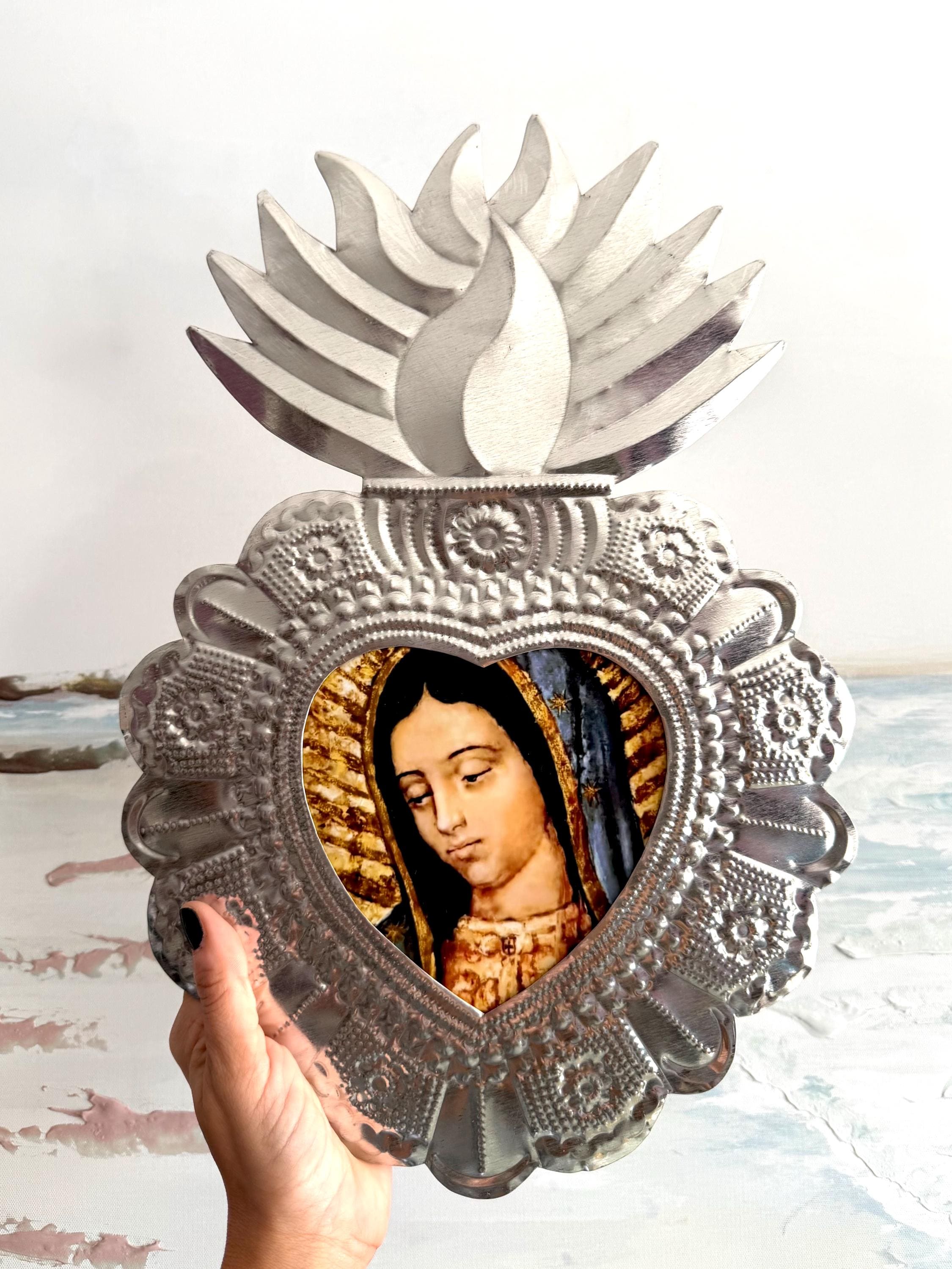 XL Niche Guadalupe Silver, Handcrafted Tin Sacred Heart Wall Art, Mexican Home Decor, Ex-Voto Milagro Style