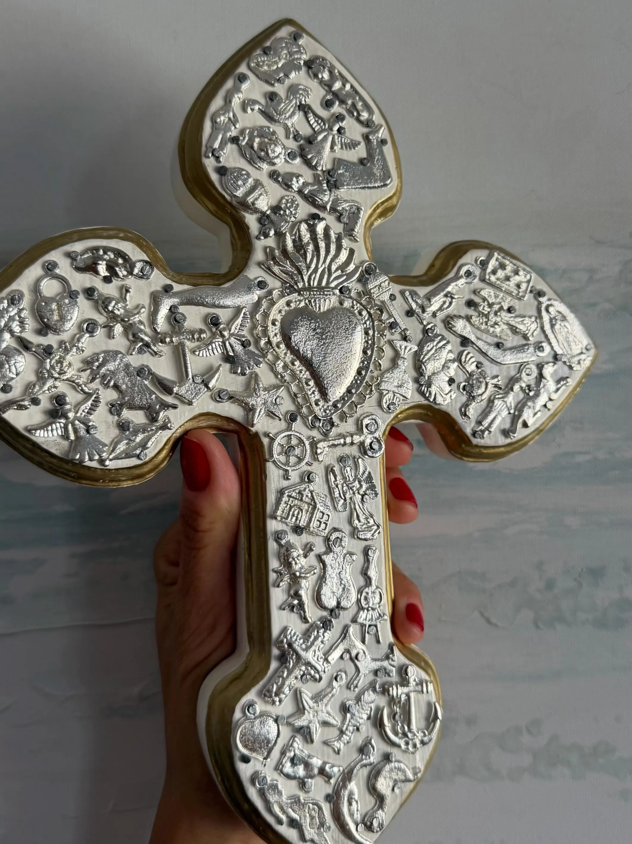 Wood Cross Art, Baptism Gift, Silver Milagritos Cruz White 8"x 10"