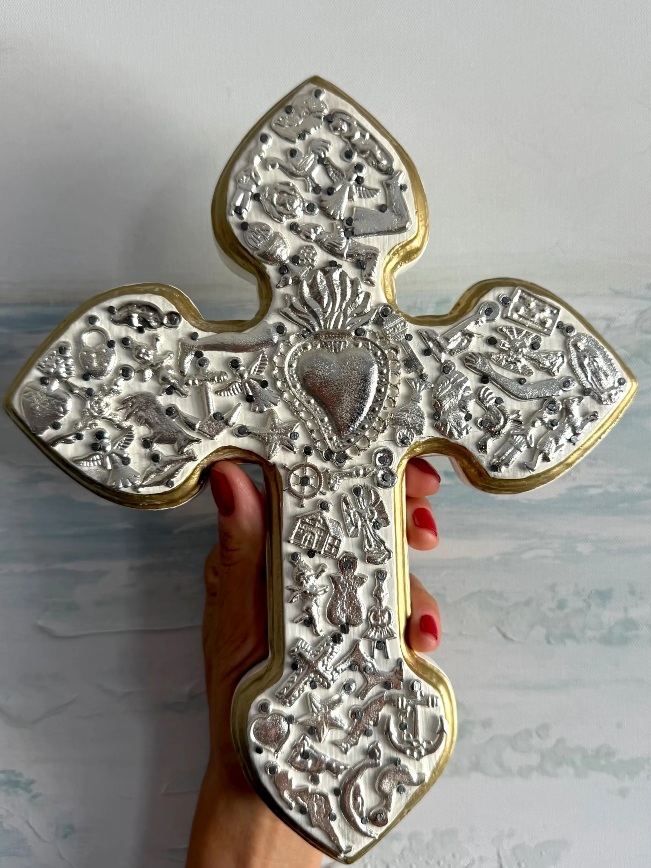 Wood Cross Art, Baptism Gift, Silver Milagritos Cruz White 8"x 10"