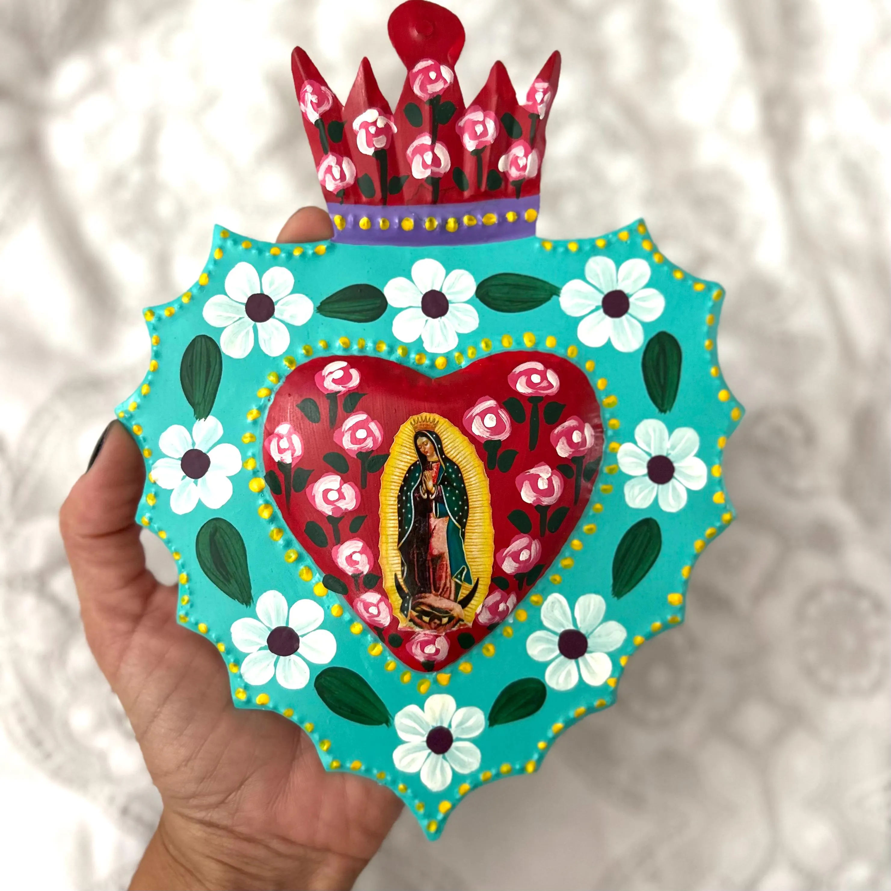 Boho Handcrafted Sacred Heart Wall Hanging, Authentic Mexican Folk Art Guadalupe
