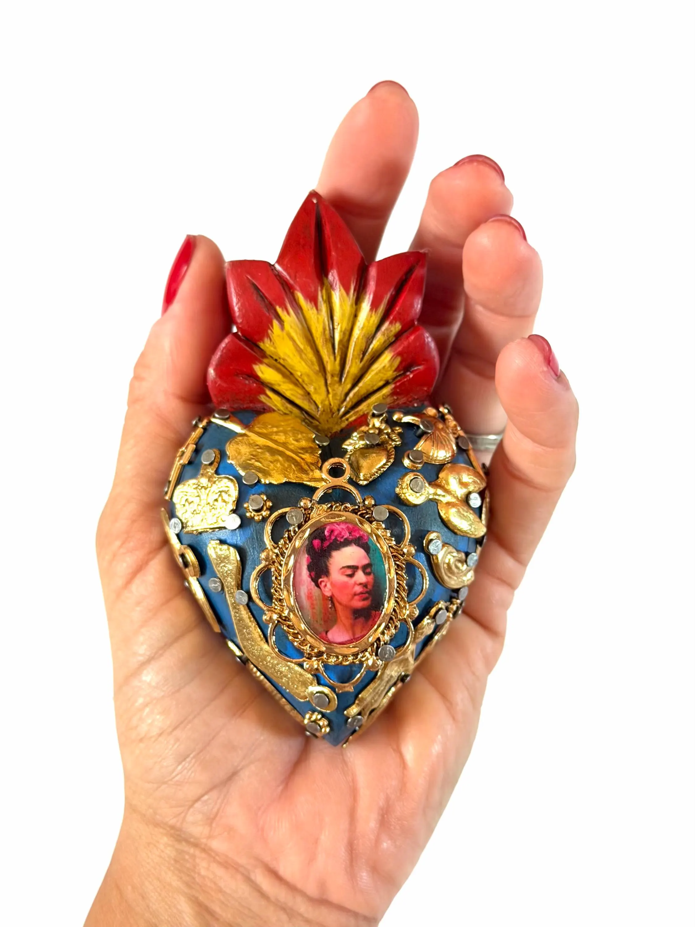Small Frida Kahlo Wood Sacred Heart Gold Milagritos, Mexican Folk Art, Rustic Handmade Decor