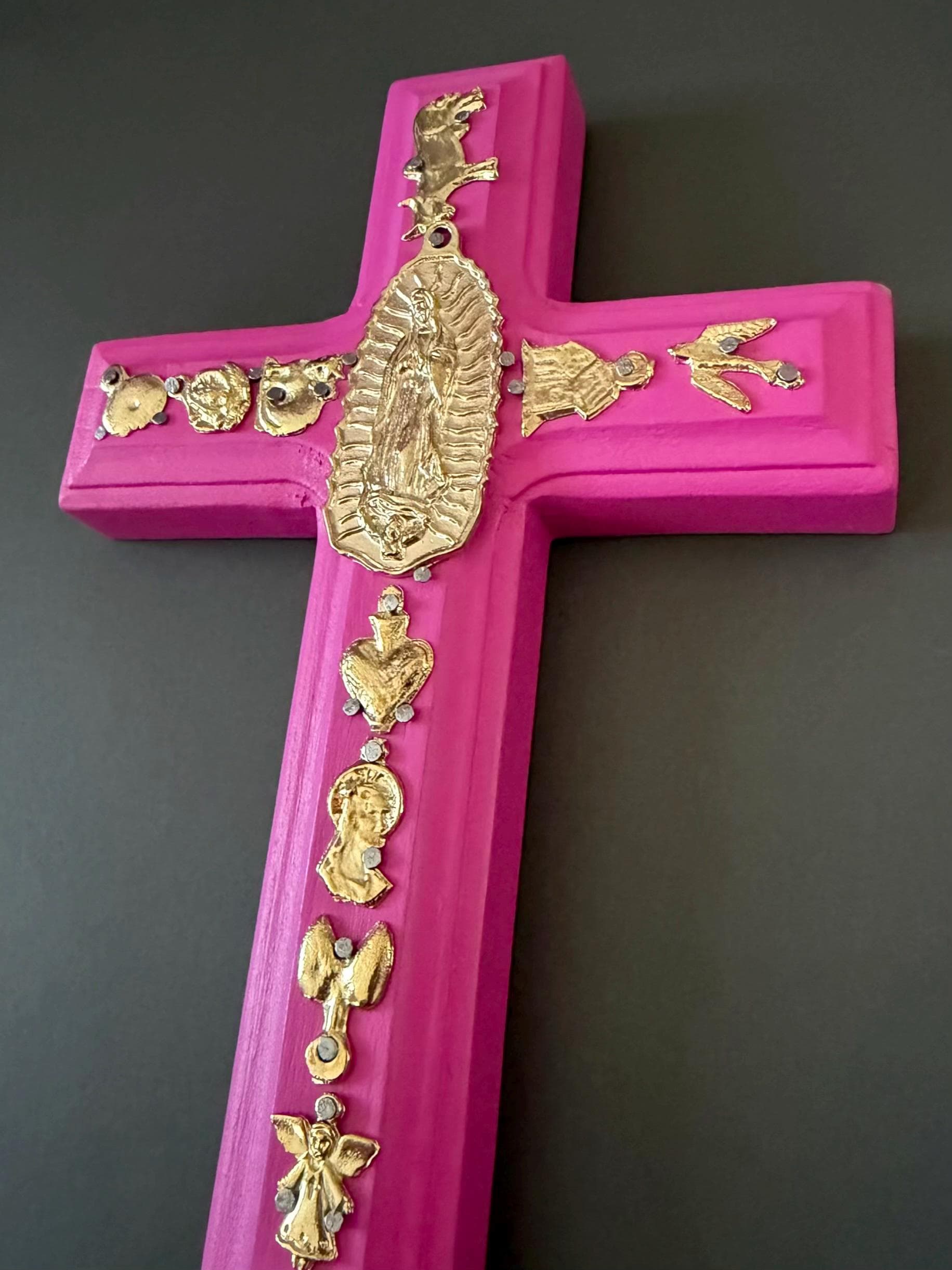 Hand Carved Guadalupe Milagritos Cross, Mexican Home Decor, Ex-Voto Style (8" Tall)