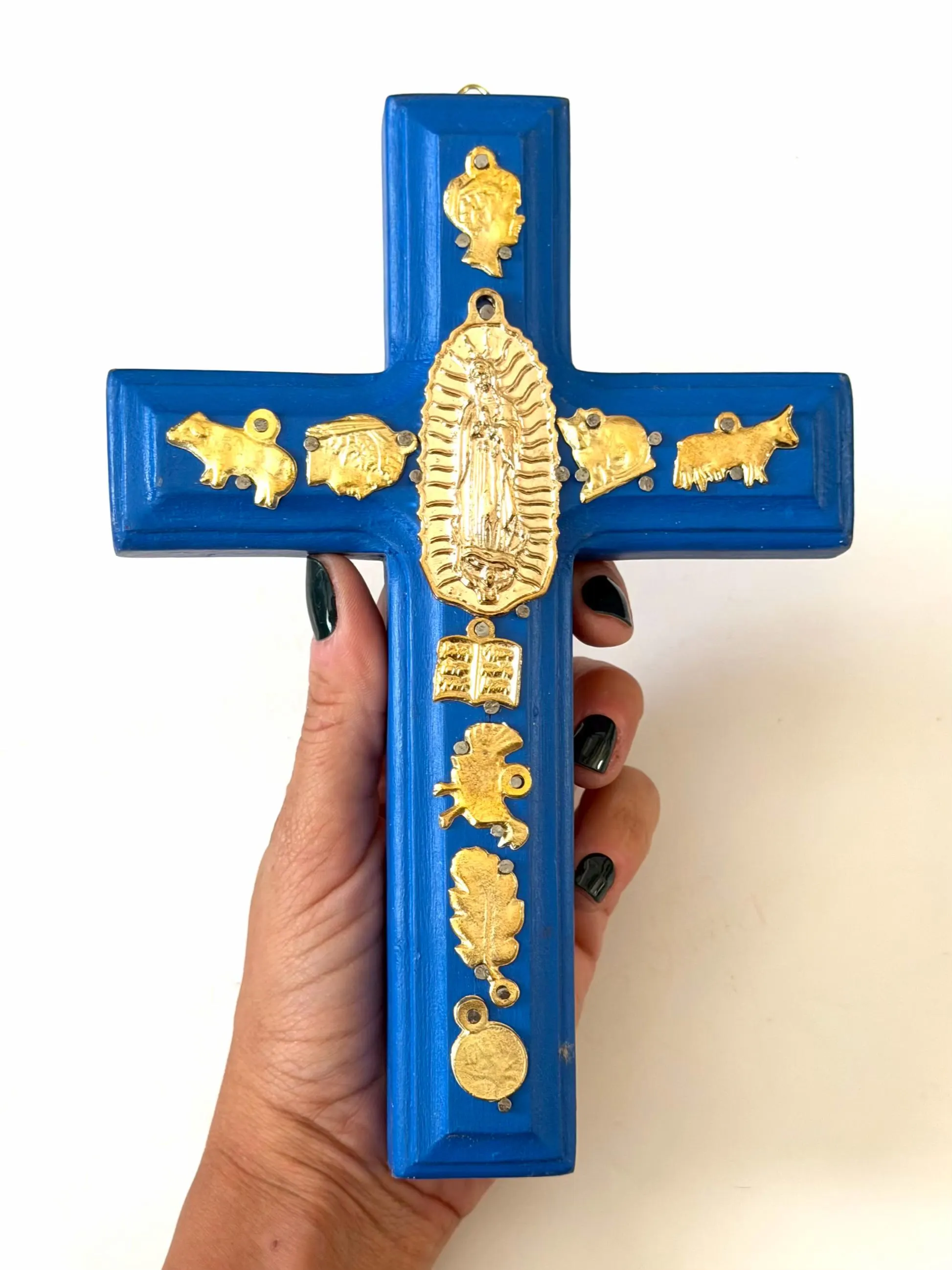 Hand Carved Guadalupe Milagritos Cross, Mexican Home Decor, Ex-Voto Style (8" Tall)