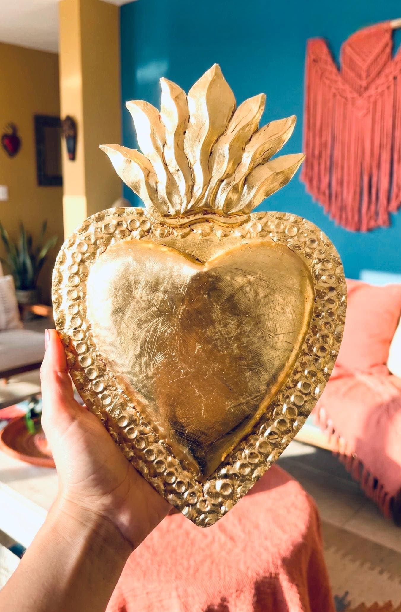 Large Hoja de Oro, Handcrafted Tin Sacred Heart Wall Art, Mexican Home Decor, Ex-Voto Milagro Style